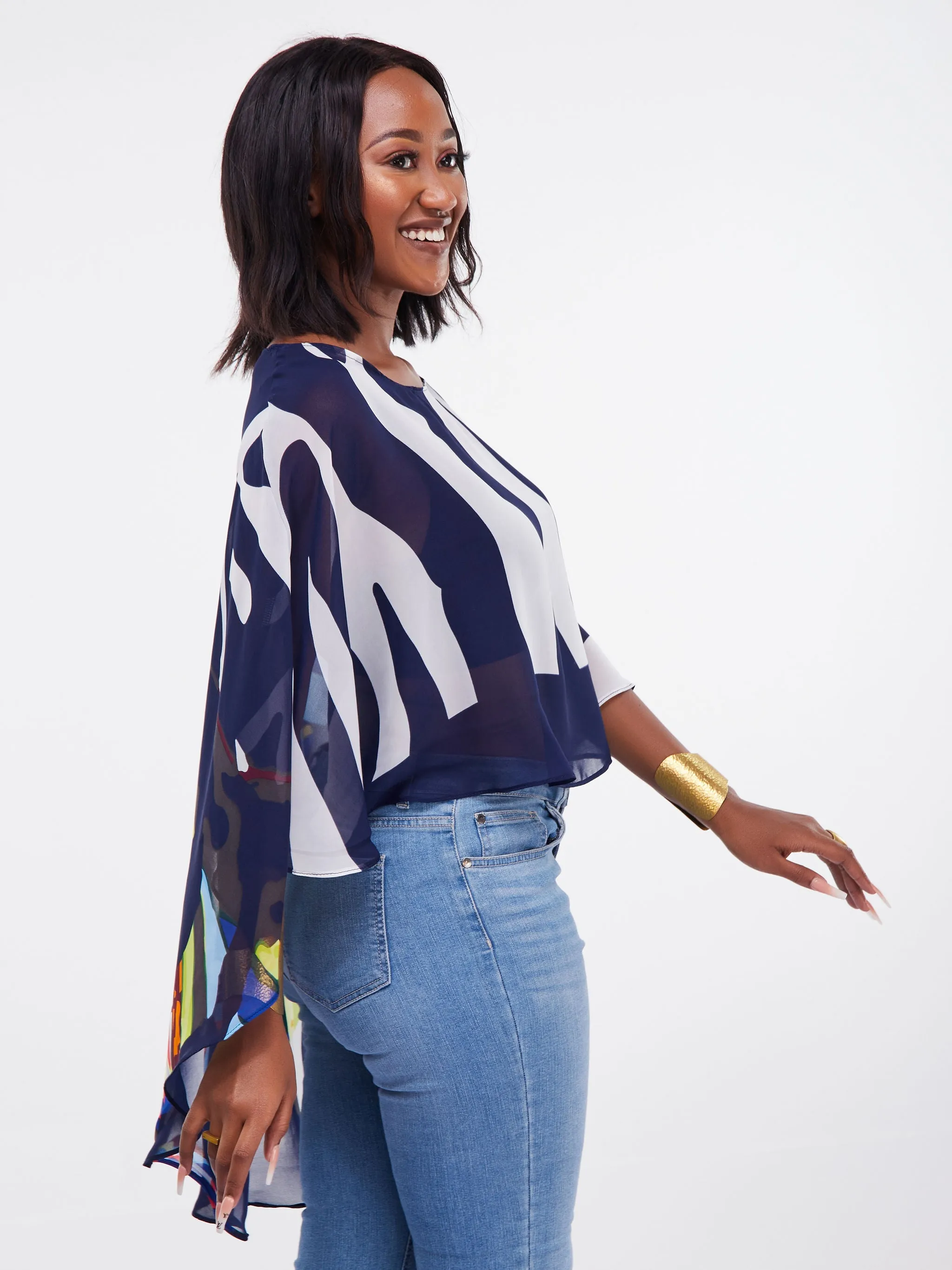 Vivo Sana Cape Top - Navy Blue / White Print
