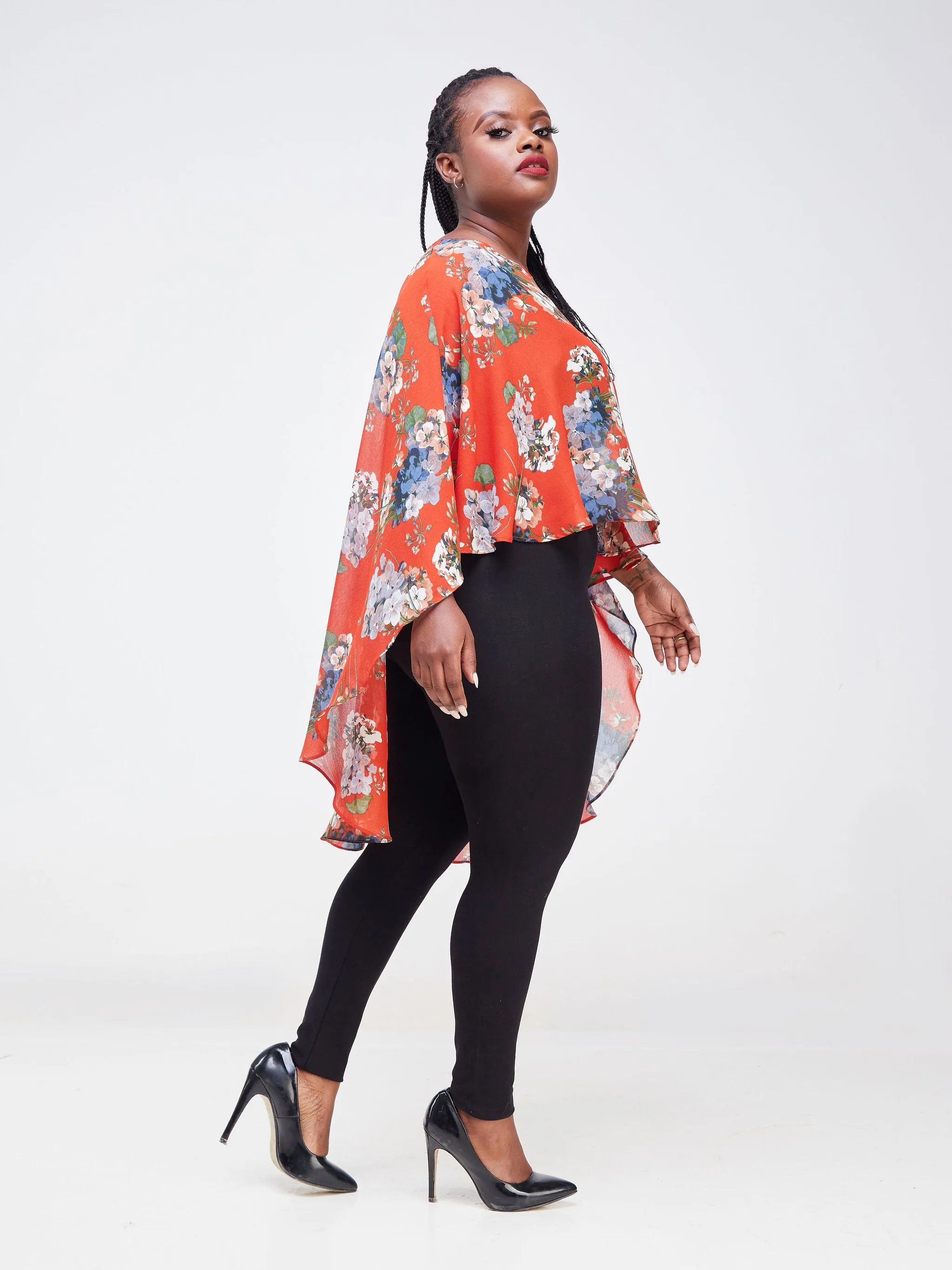 Vivo Sana Cape Top - Orange / Navy Blue Floral Print
