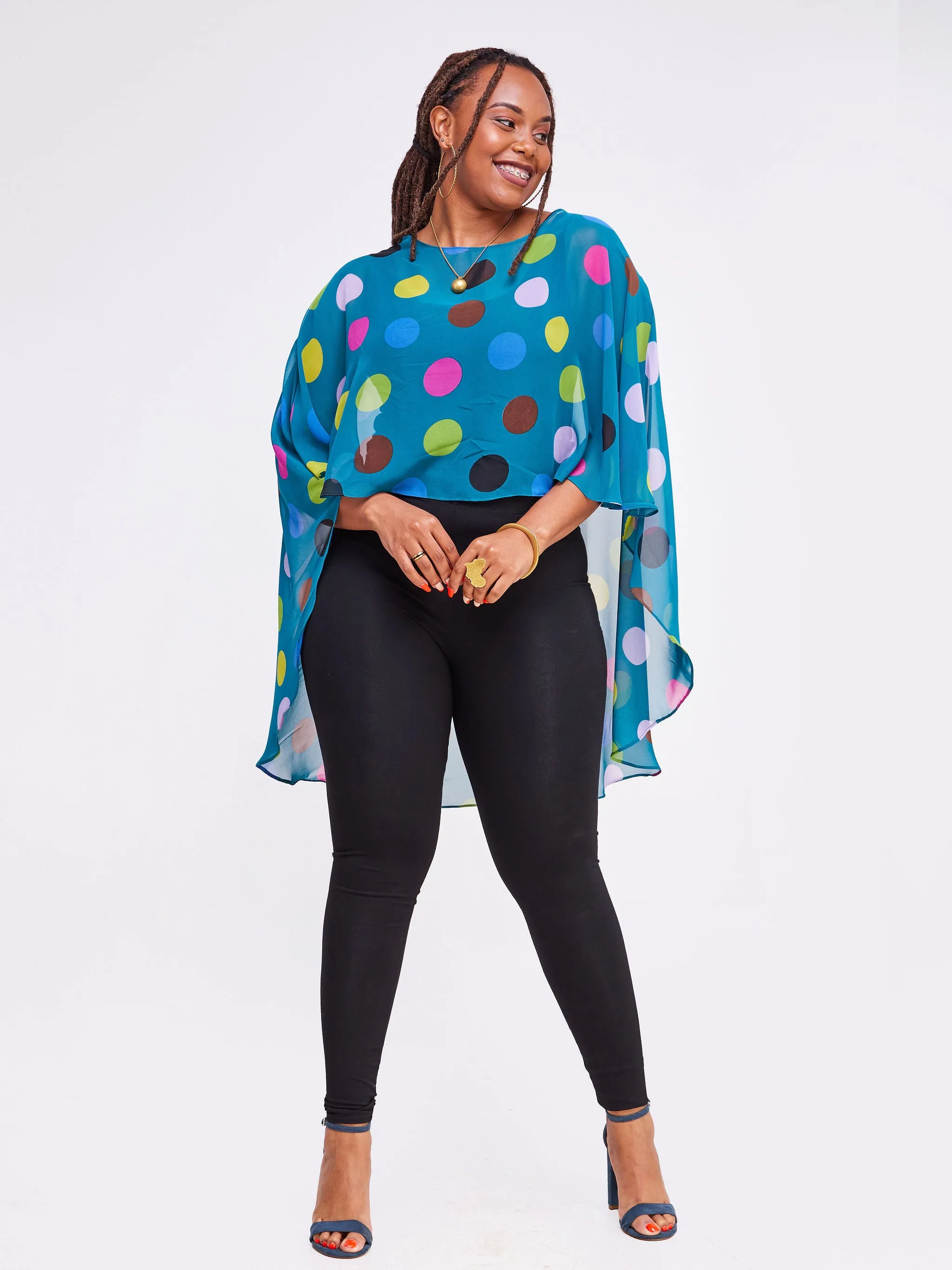 Vivo Sana Cape Top - Teal Geometric Print