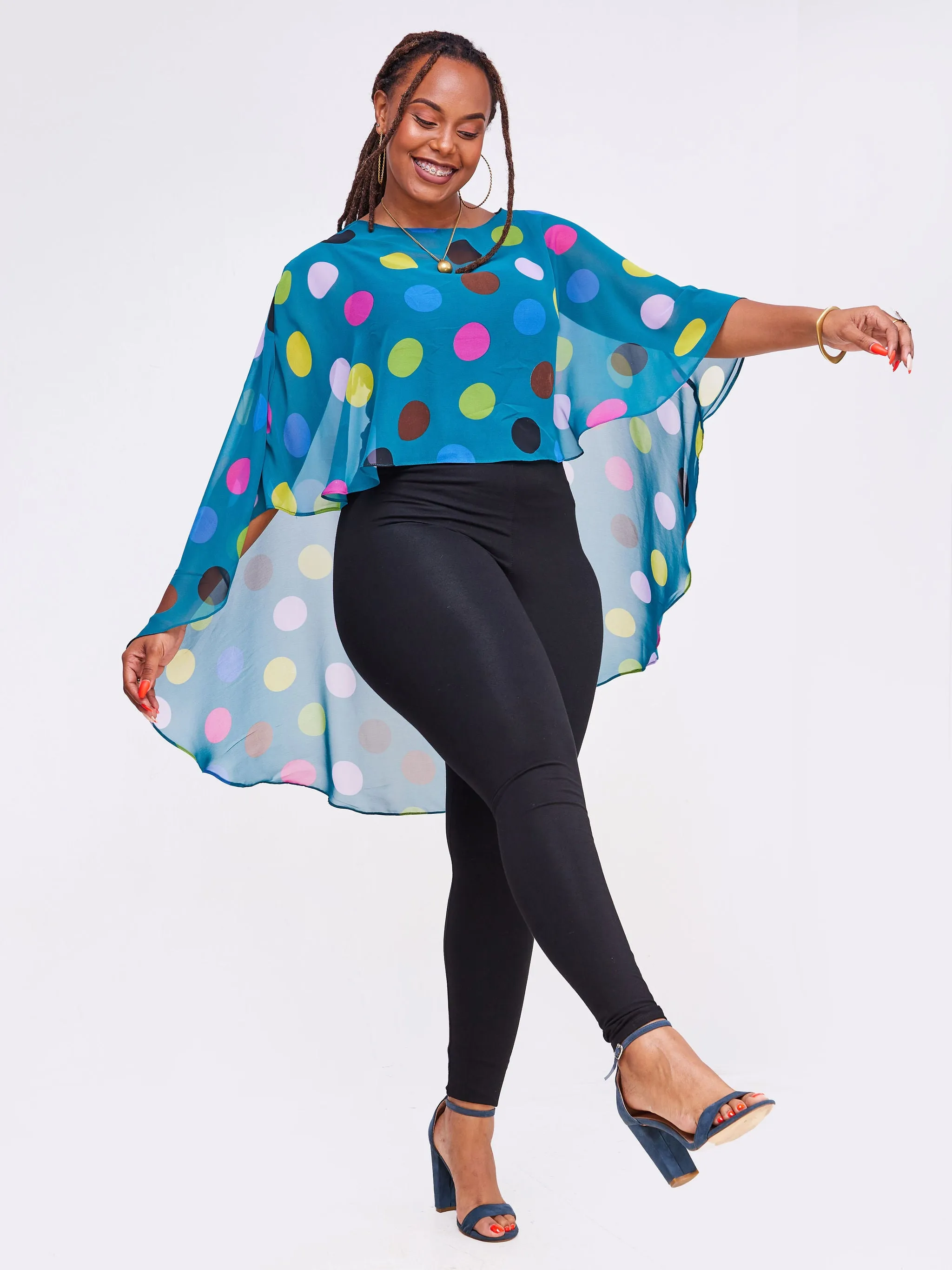 Vivo Sana Cape Top - Teal Geometric Print