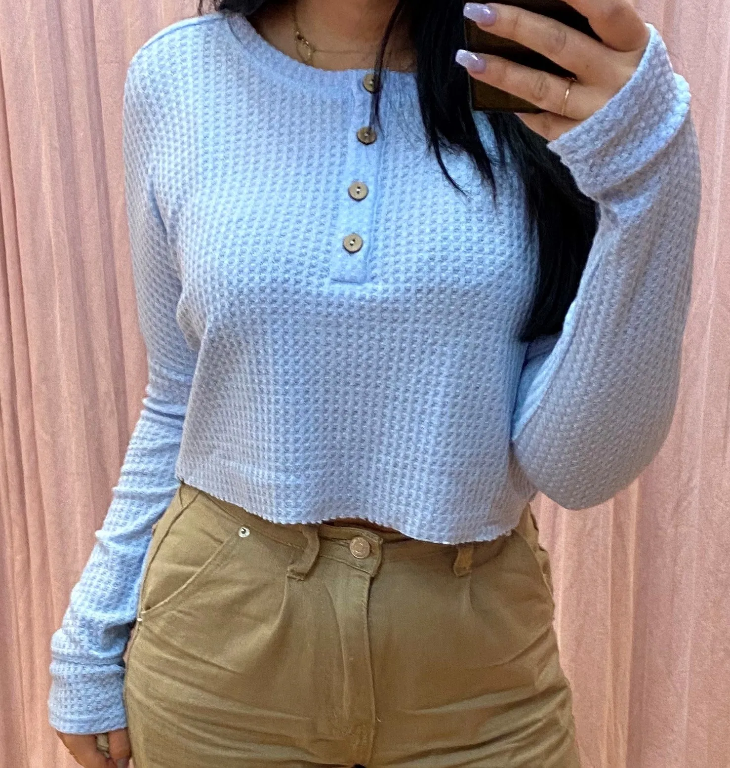 Waffle Drop Shoulder Henley Crop Top