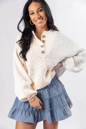 Waited For This Cream Open Knit Henley Sweater