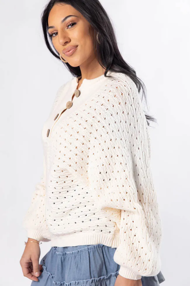 Waited For This Cream Open Knit Henley Sweater