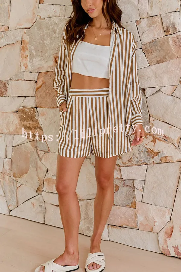 Warmer Days Striped Print Loose Button Down Shirt and Pocket Elastic Waist Shorts Set