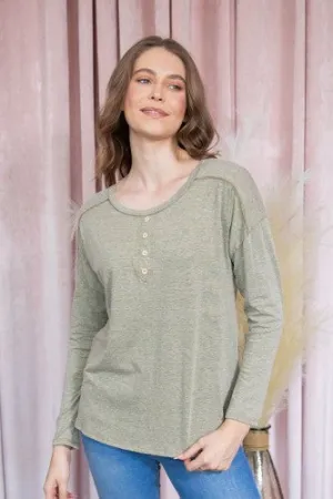 Washed Olive Henley L/S with Buttons