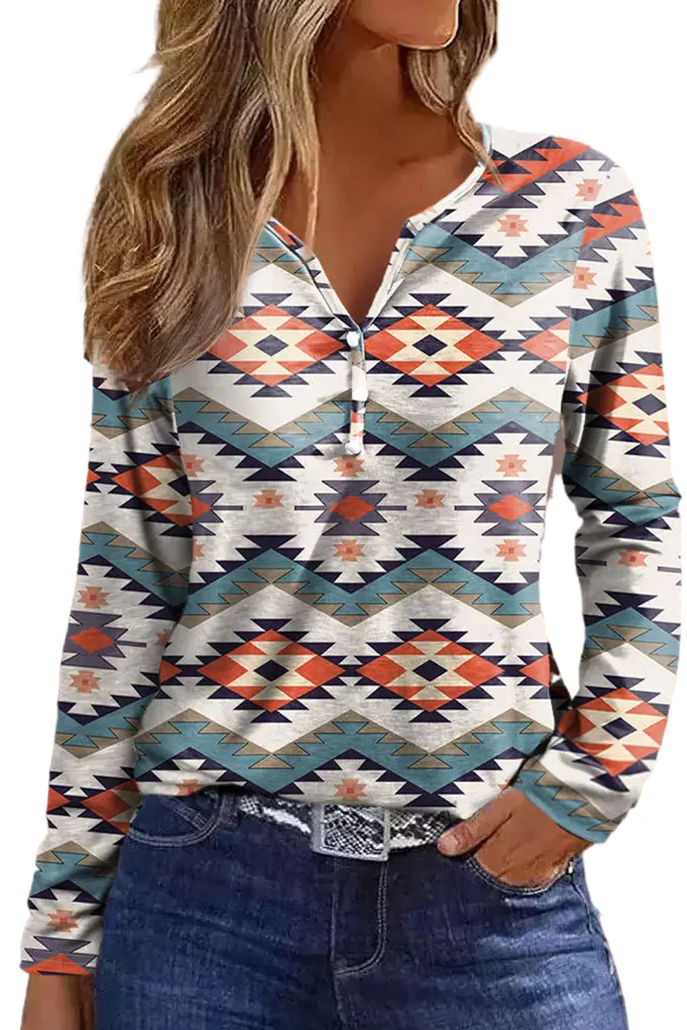 White Aztec Geometric Print Long Sleeve Henley Top