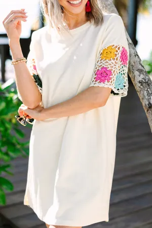White Floral Crochet Splicing Sleeve T-shirt Dress