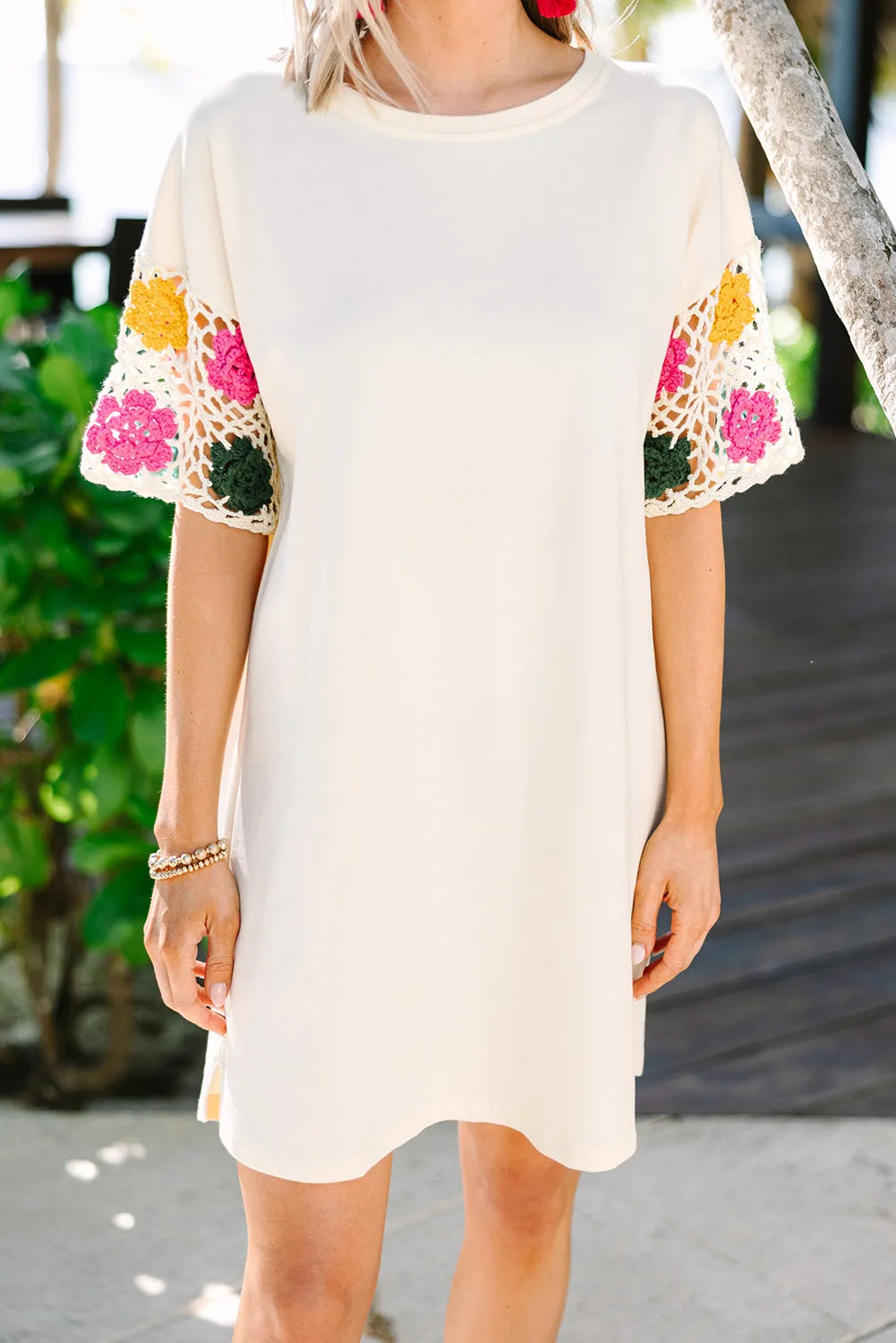 White Floral Crochet Splicing Sleeve T-shirt Dress