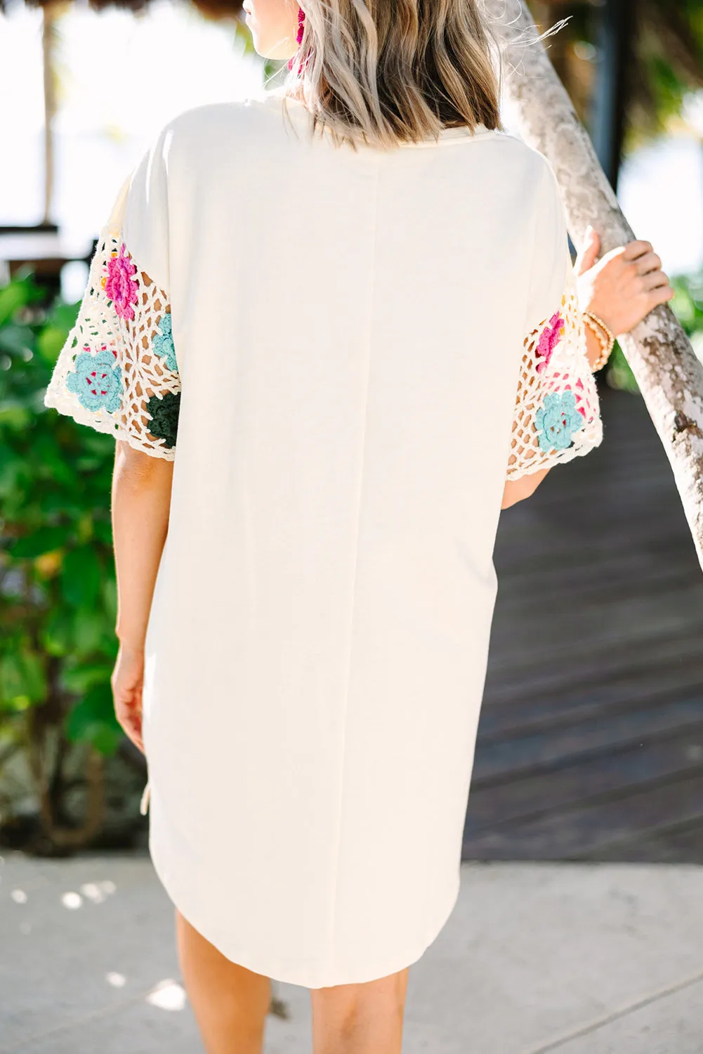 White Floral Crochet Splicing Sleeve T-shirt Dress