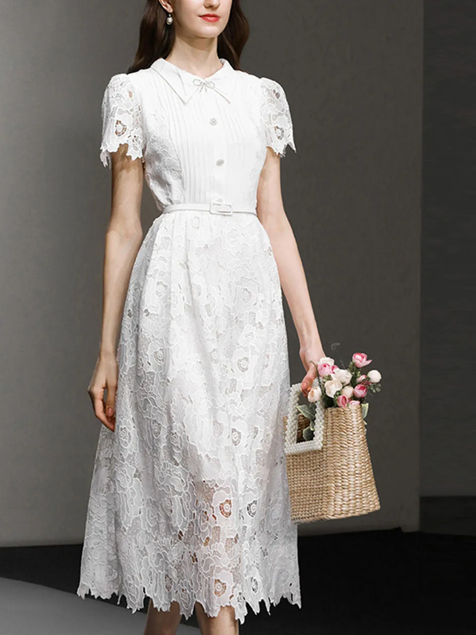 White Lace Short Sleeve 1950S Vintage Dress