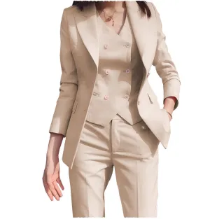 Women Business Suit 3 Pieces Slim Fit Solid Color Peak Lapel Suit (Blazer vest Pants)
