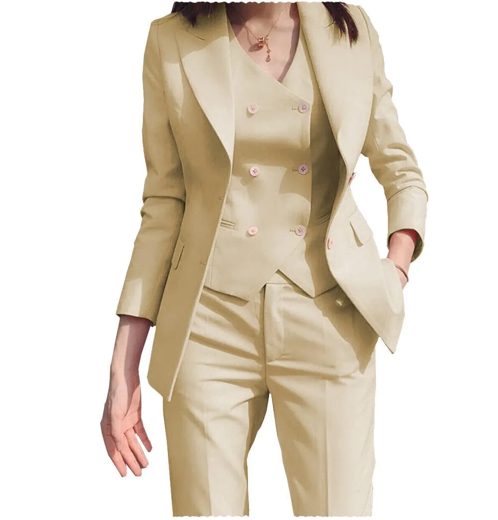 Women Business Suit 3 Pieces Slim Fit Solid Color Peak Lapel Suit (Blazer vest Pants)