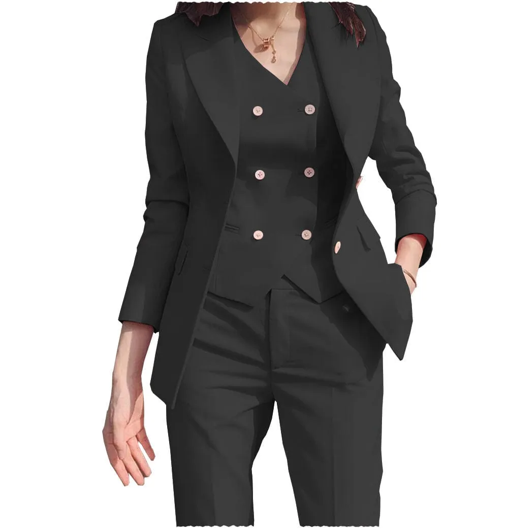 Women Business Suit 3 Pieces Slim Fit Solid Color Peak Lapel Suit (Blazer vest Pants)