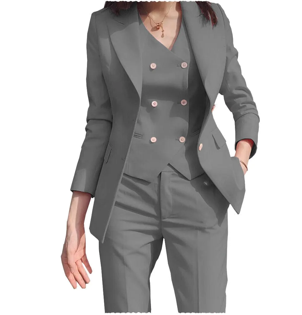 Women Business Suit 3 Pieces Slim Fit Solid Color Peak Lapel Suit (Blazer vest Pants)