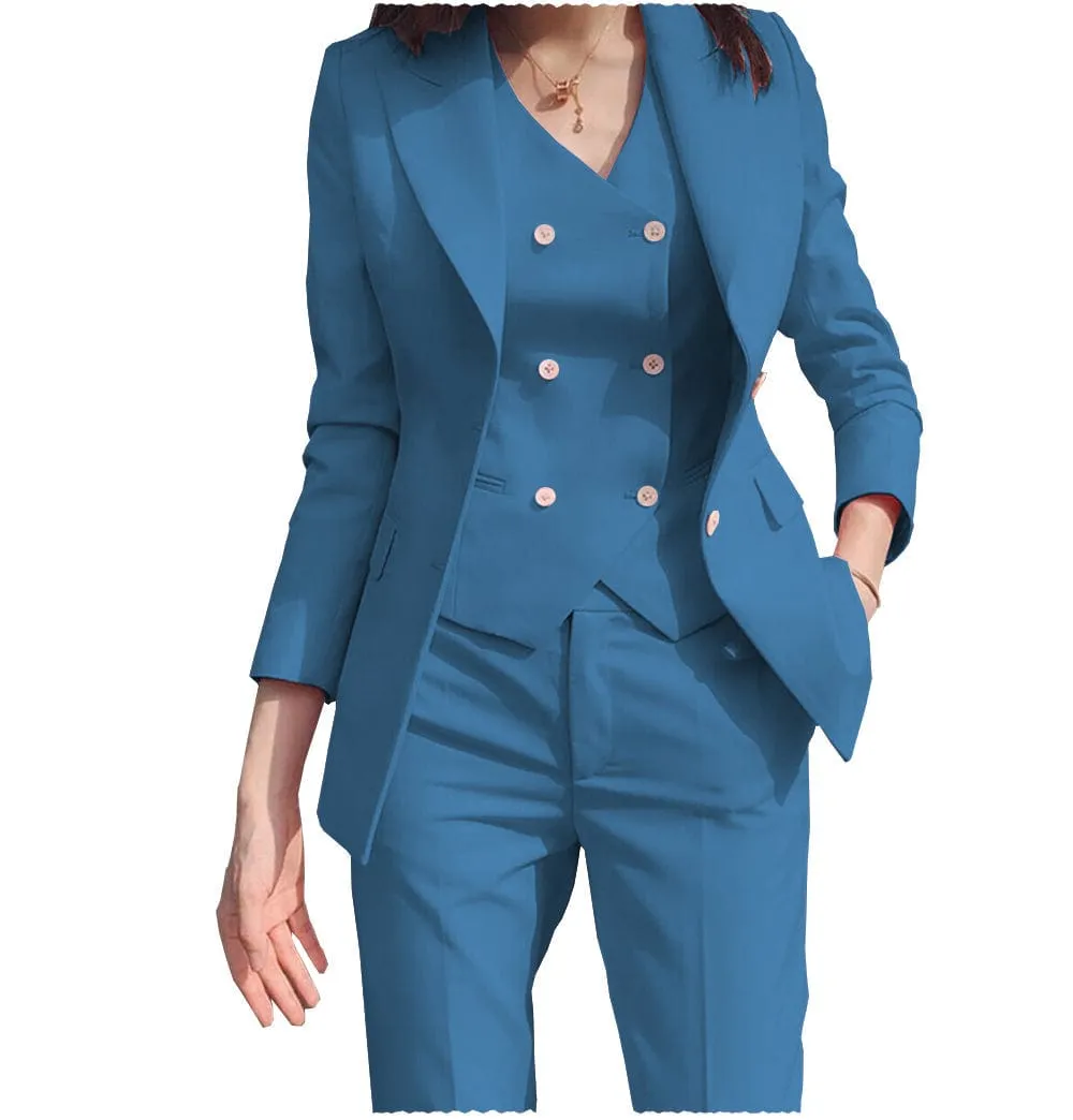 Women Business Suit 3 Pieces Slim Fit Solid Color Peak Lapel Suit (Blazer vest Pants)