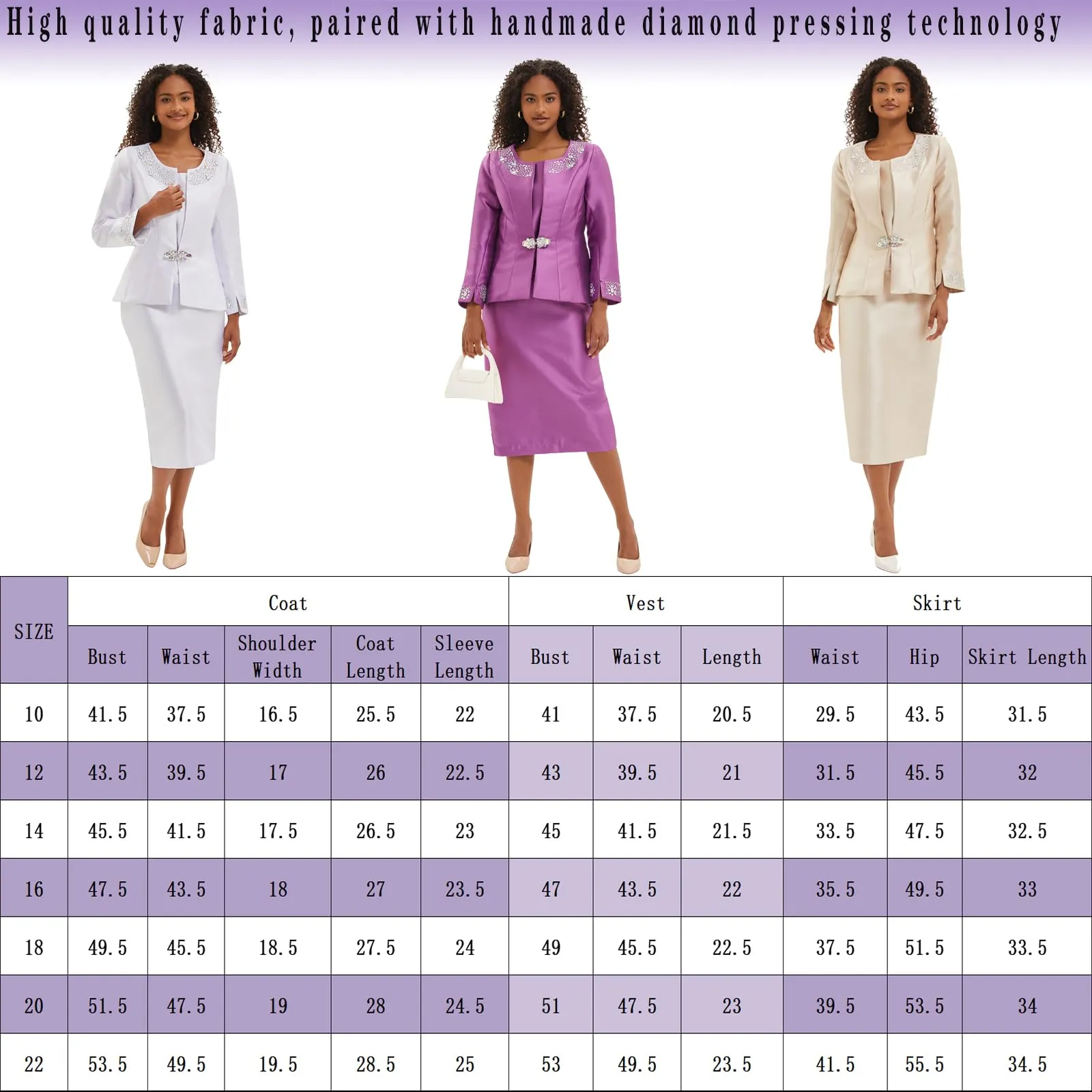 Women's 3 Piece Church Suits for Formal Occasions with Handmade Diamond Hot Stamping Dress Church Set Purple