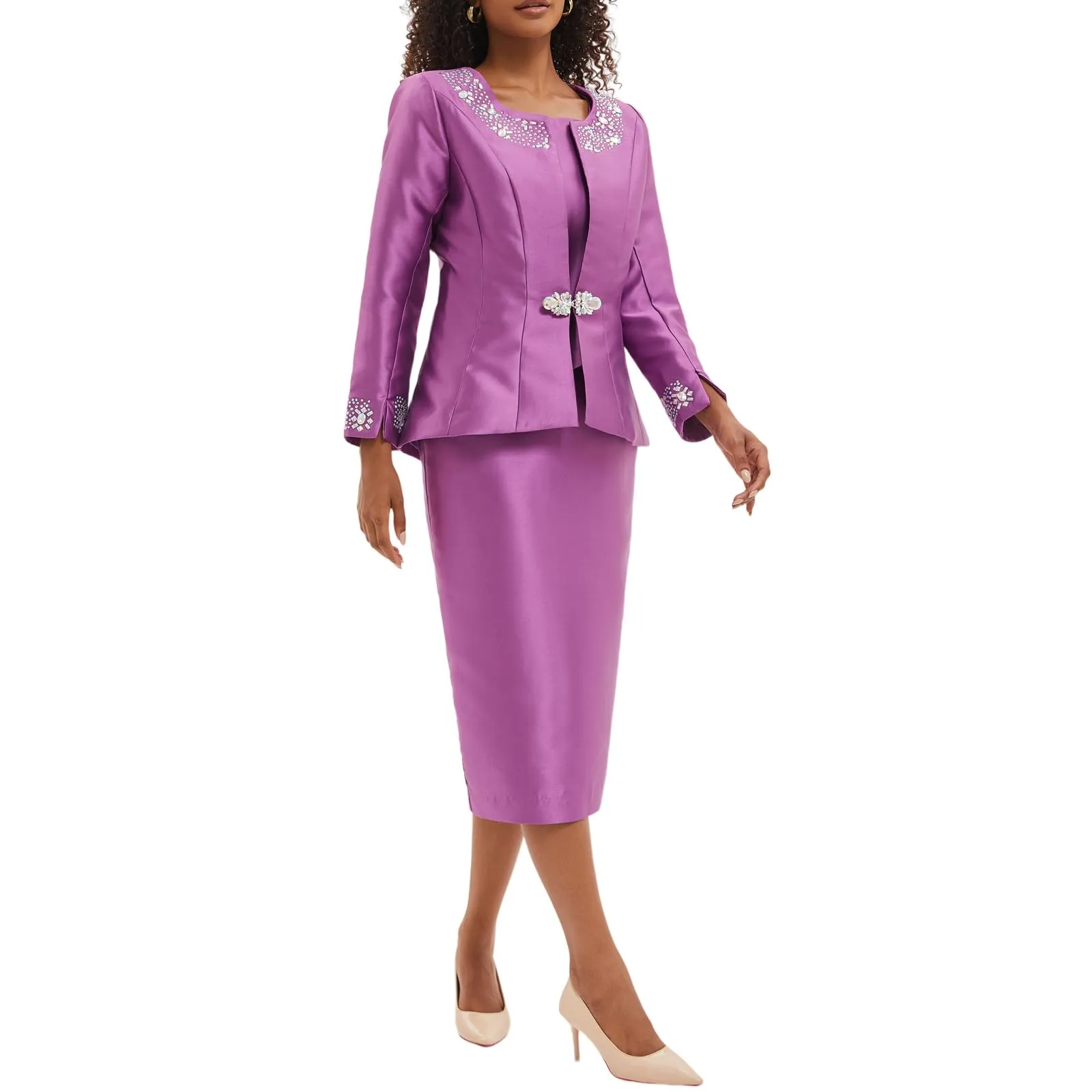Women's 3 Piece Church Suits for Formal Occasions with Handmade Diamond Hot Stamping Dress Church Set Purple