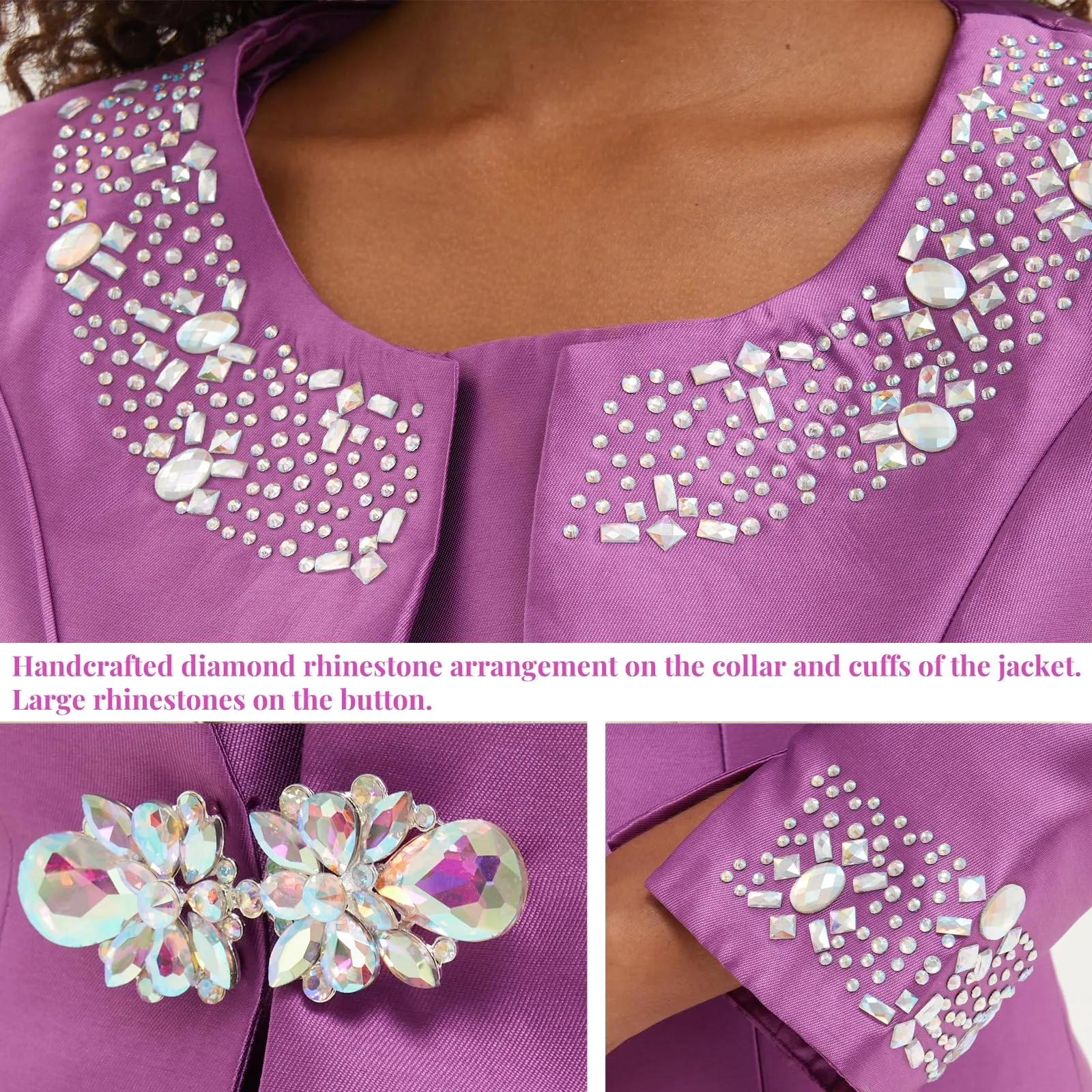 Women's 3 Piece Church Suits for Formal Occasions with Handmade Diamond Hot Stamping Dress Church Set Purple