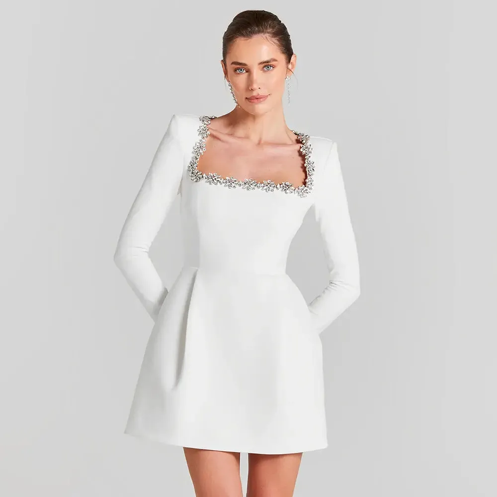 Womens A-Line Beaded Dress - Long Sleeve Stretch Dress
