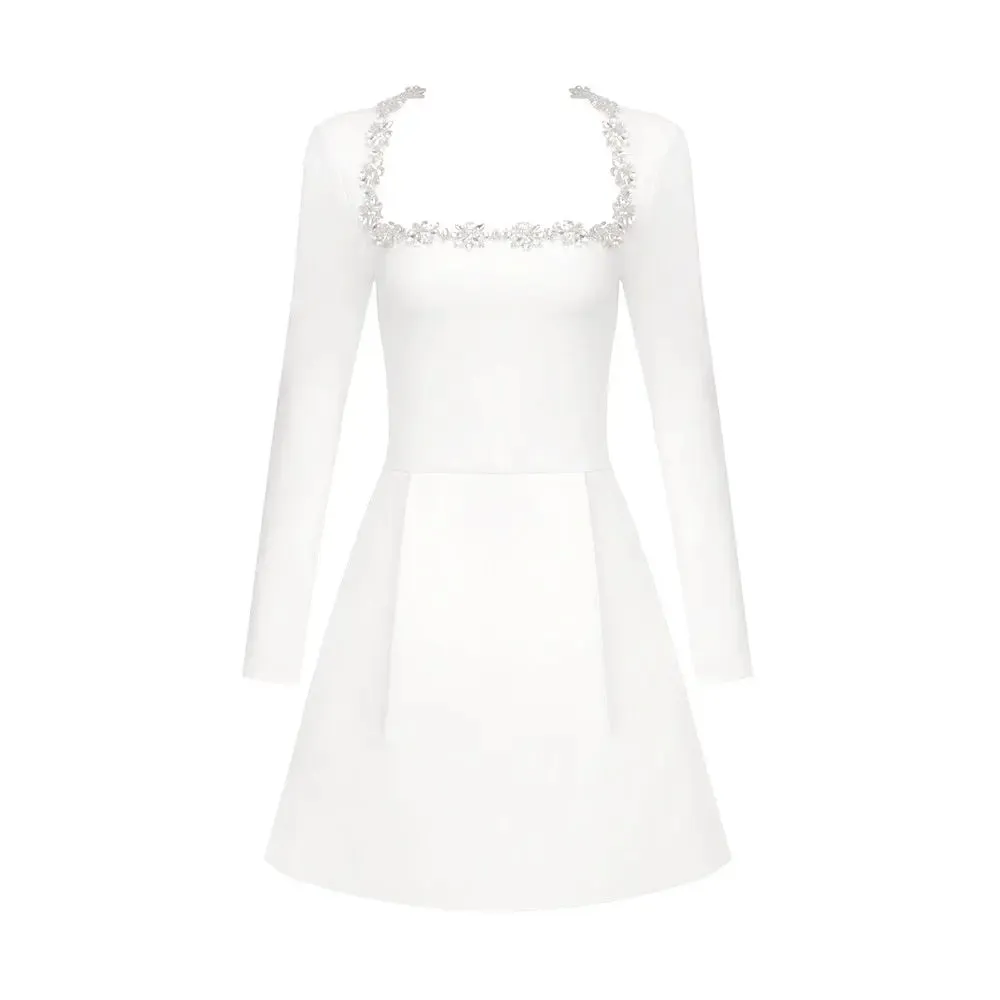 Womens A-Line Beaded Dress - Long Sleeve Stretch Dress