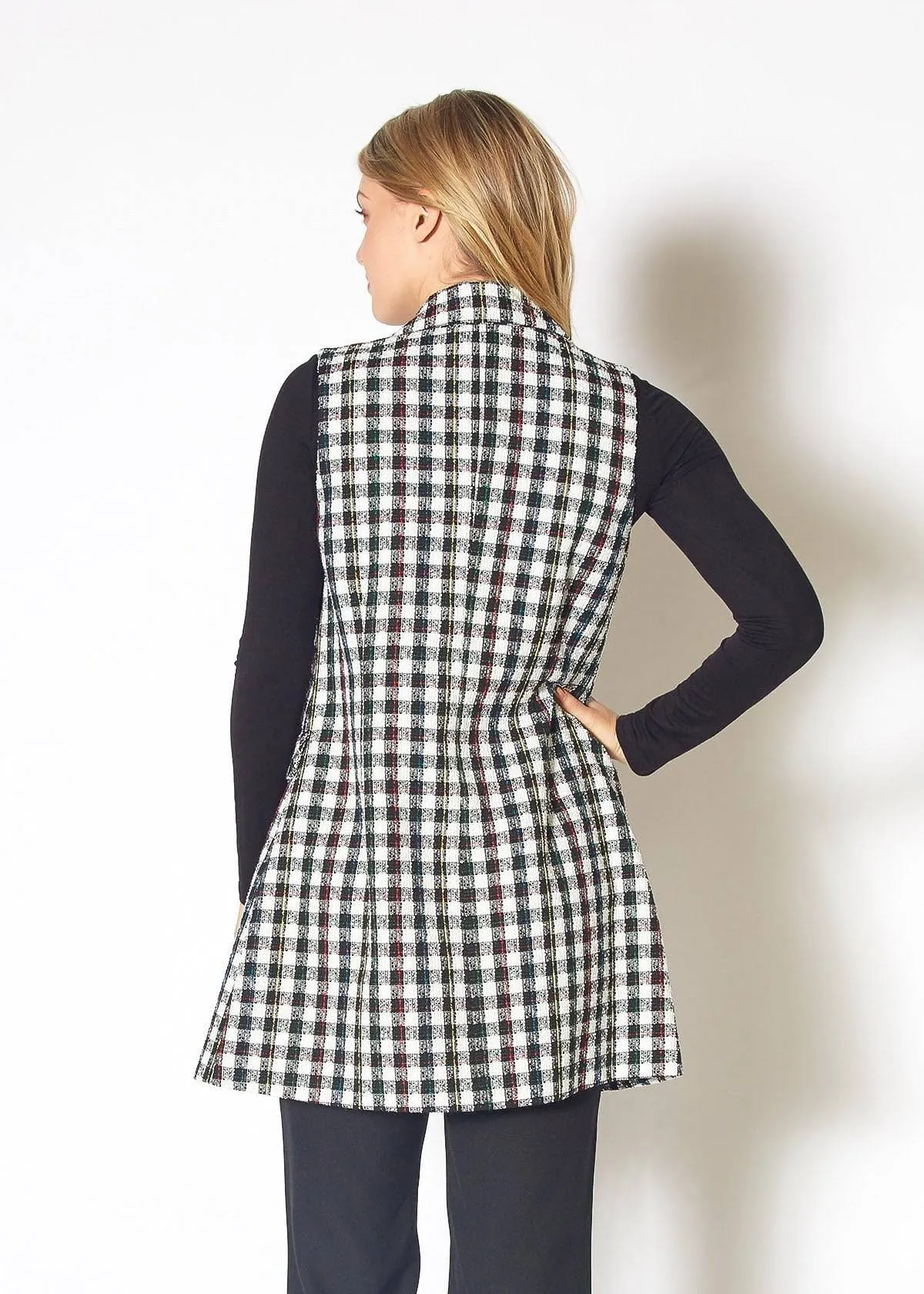 Women's Boucle Longline Vest in Black Plaid