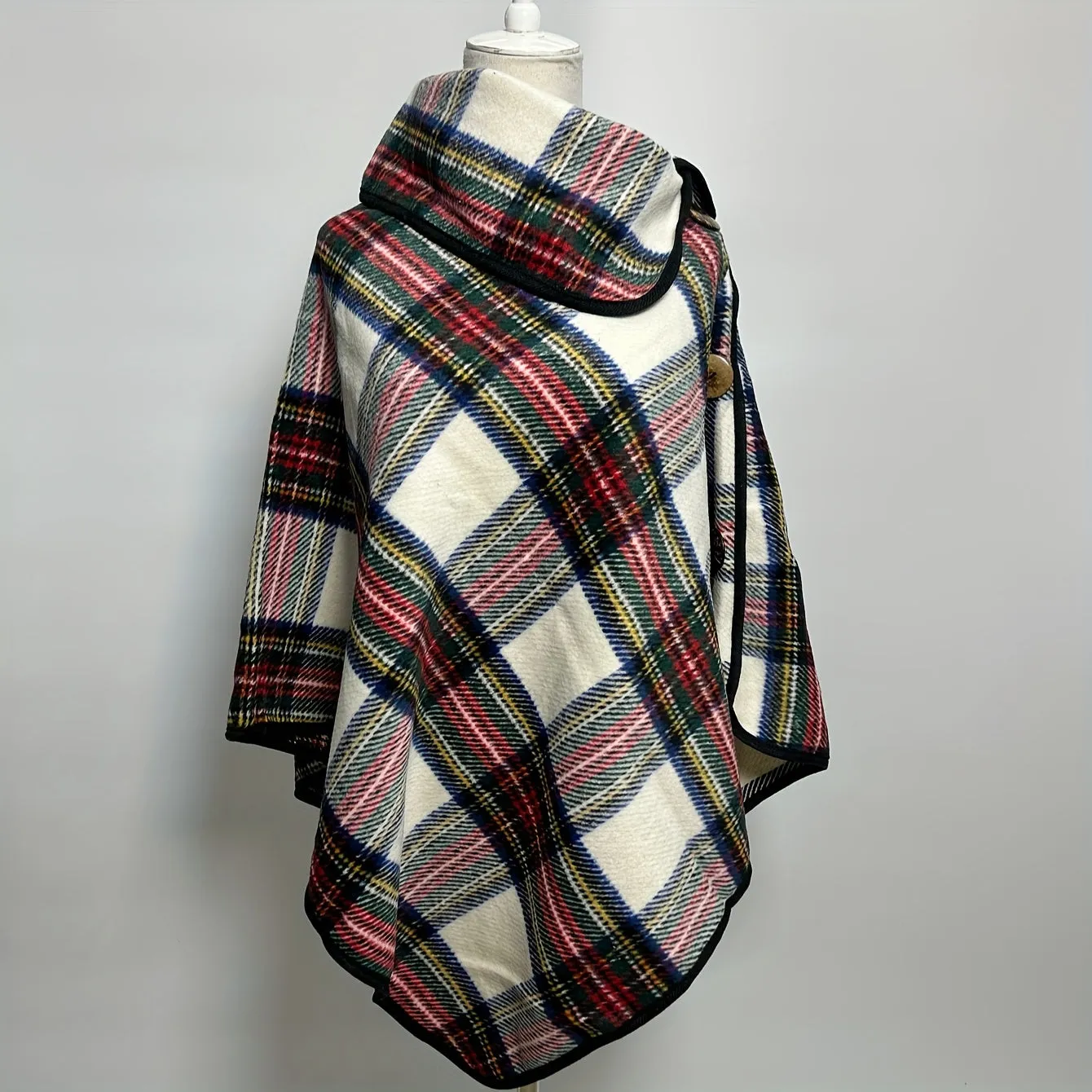 Women's British Button Shawl Multicolor Striped Pullover Poncho Autumn Winter Outerwear Warm Coldproof Cape
