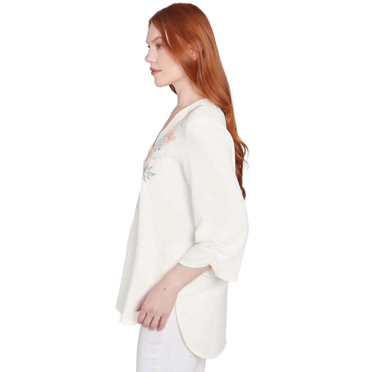Women's Floral Embroidery Solid Gauze Henley Top - 36442