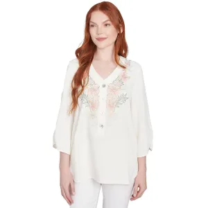 Women's Floral Embroidery Solid Gauze Henley Top - 36442