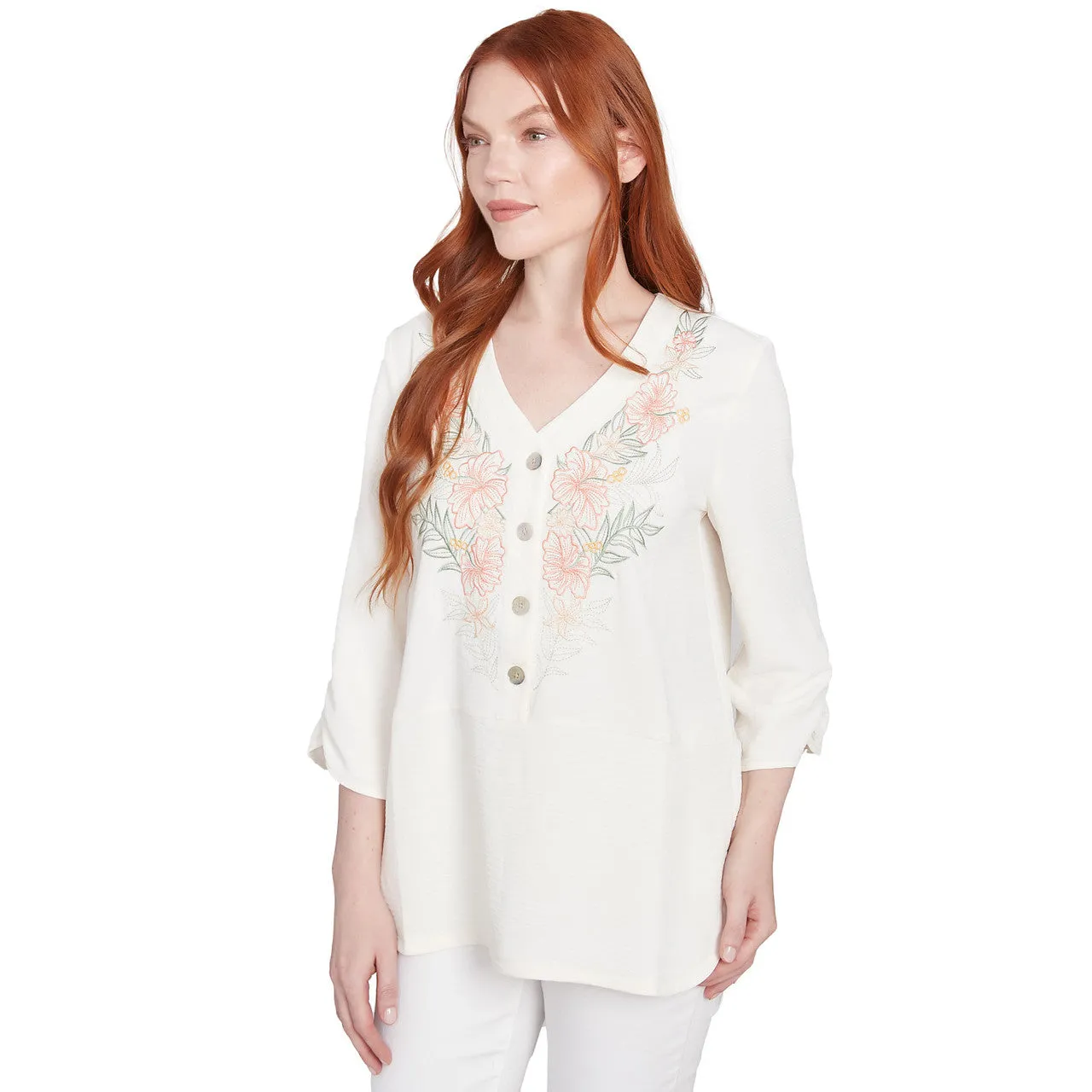 Women's Floral Embroidery Solid Gauze Henley Top - 36442