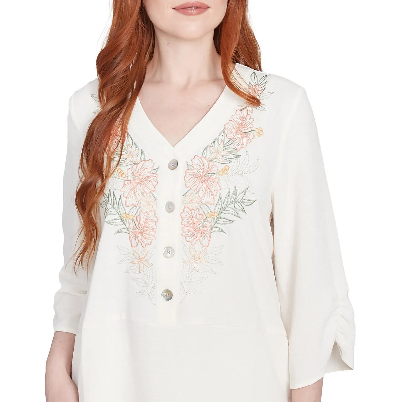 Women's Floral Embroidery Solid Gauze Henley Top - 36442