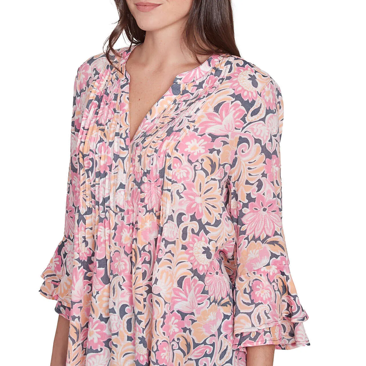 Women's Garden Floral Ruffle Sleeve Henley Top - 35442