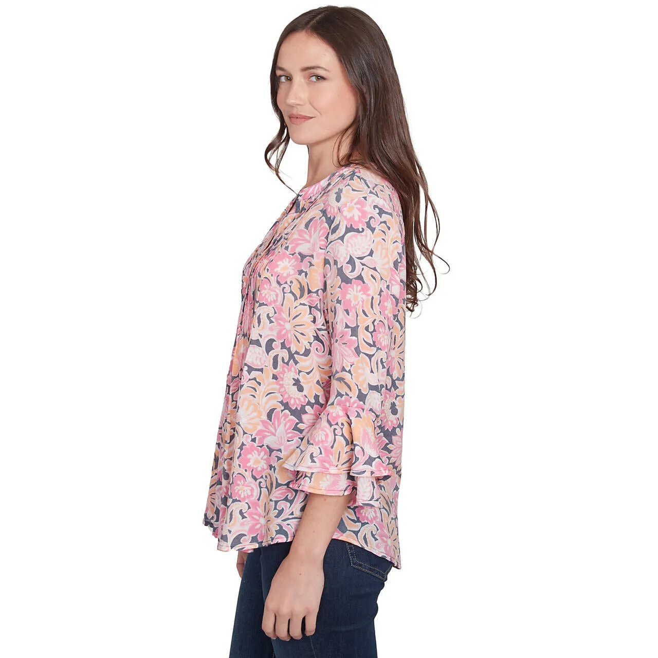 Women's Garden Floral Ruffle Sleeve Henley Top - 35442