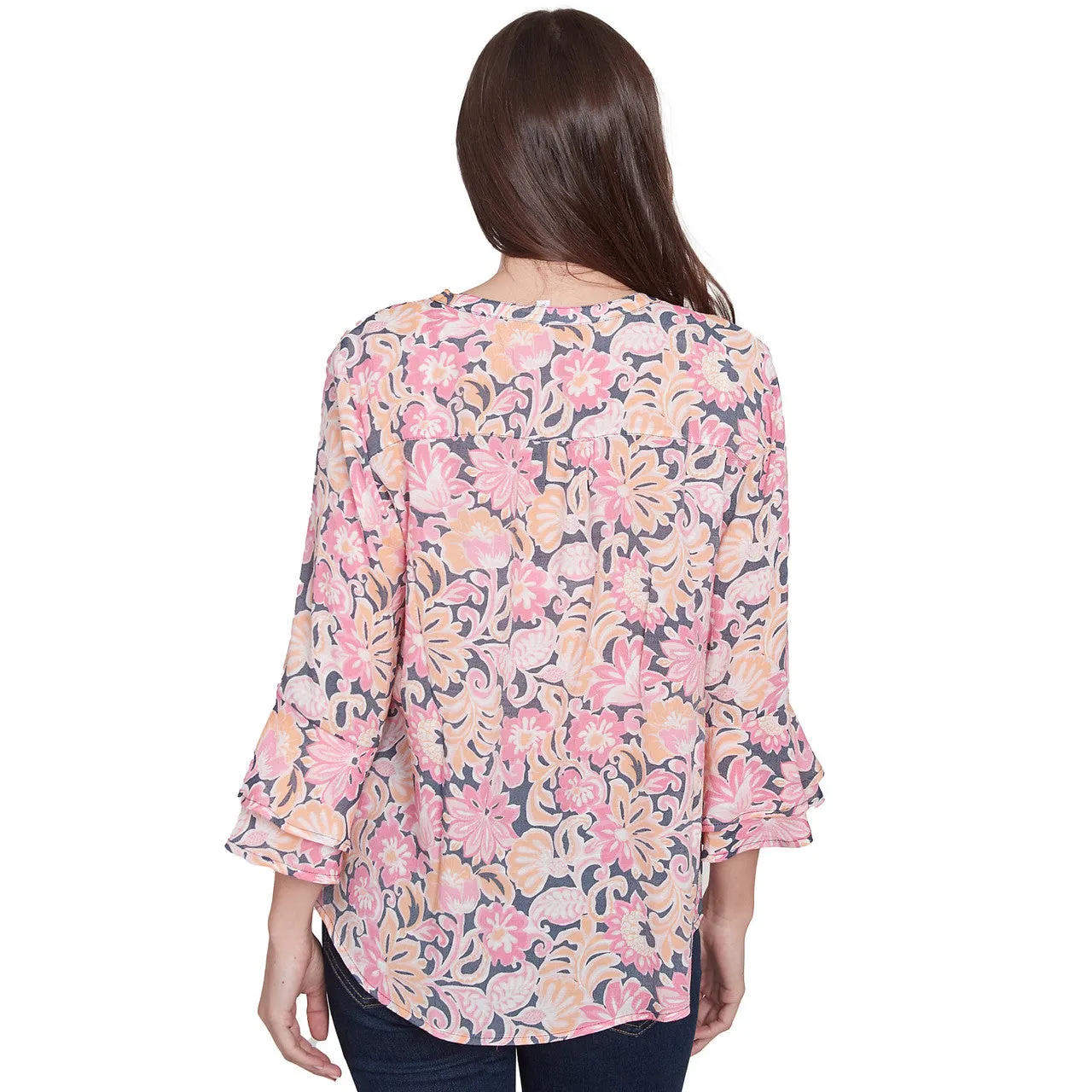 Women's Garden Floral Ruffle Sleeve Henley Top - 35442