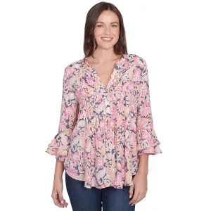 Women's Garden Floral Ruffle Sleeve Henley Top - 35442
