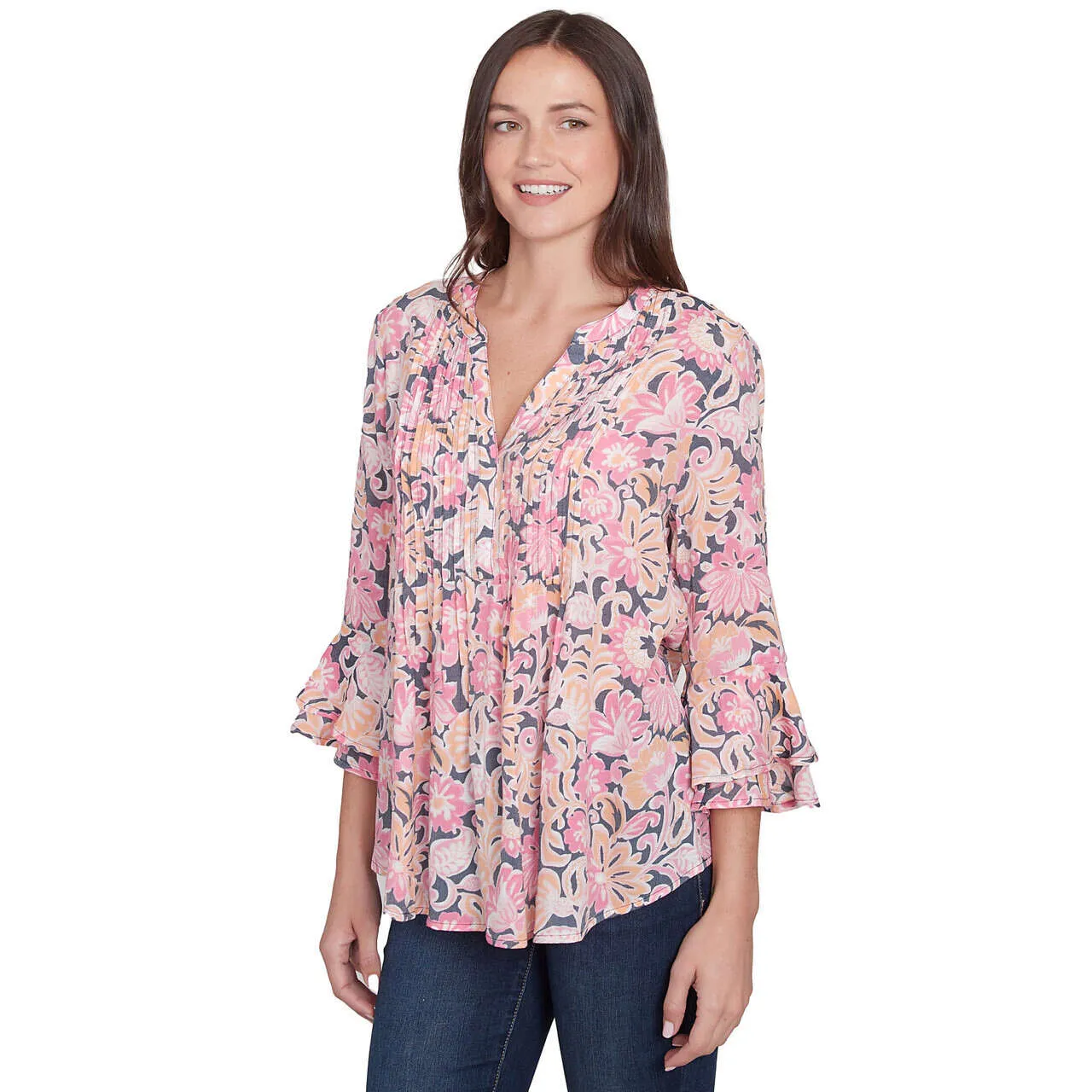 Women's Garden Floral Ruffle Sleeve Henley Top - 35442