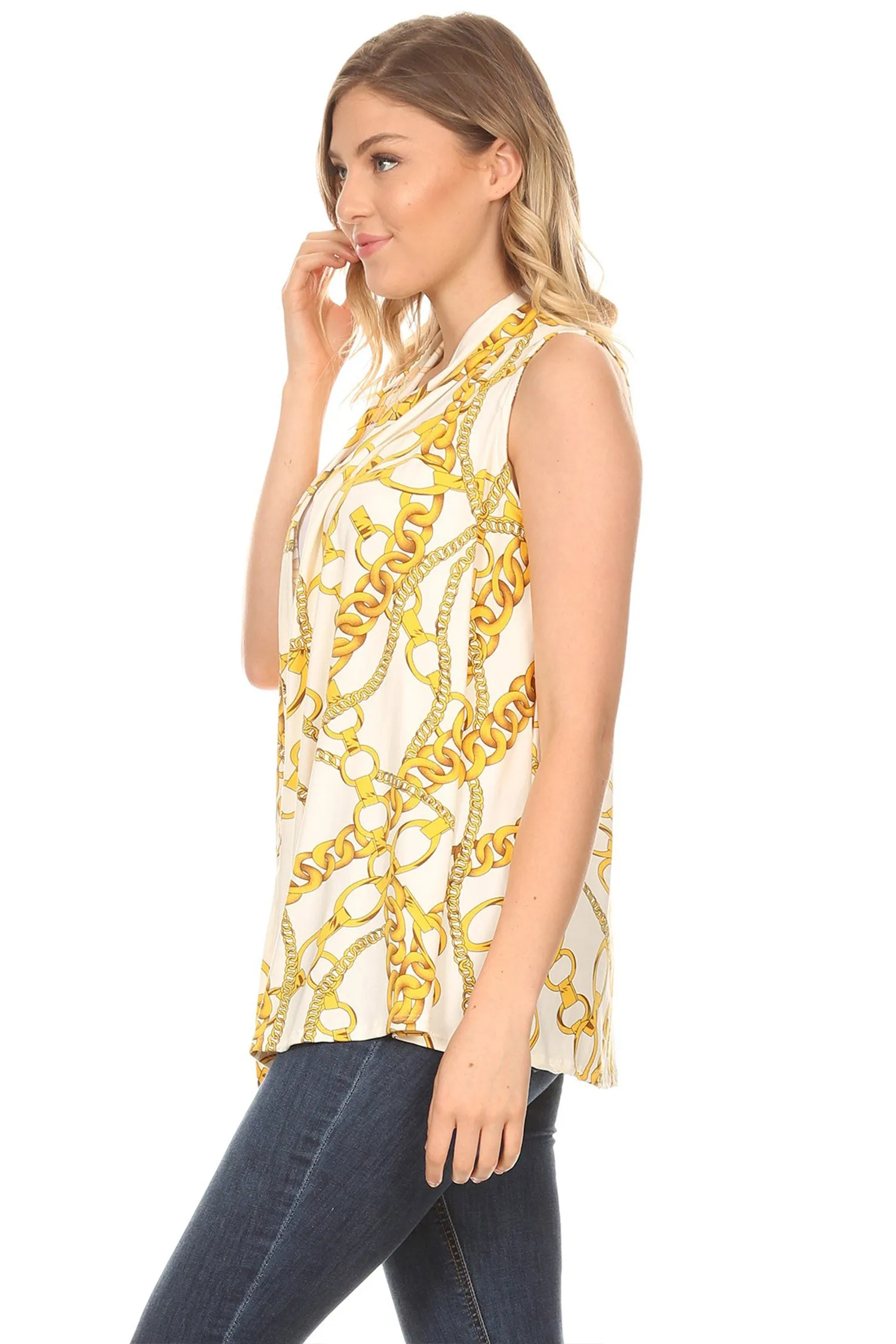 Women's Sleeveless Basic Pattern Print Open Front Draped Neck Sweater Outerwear Vest