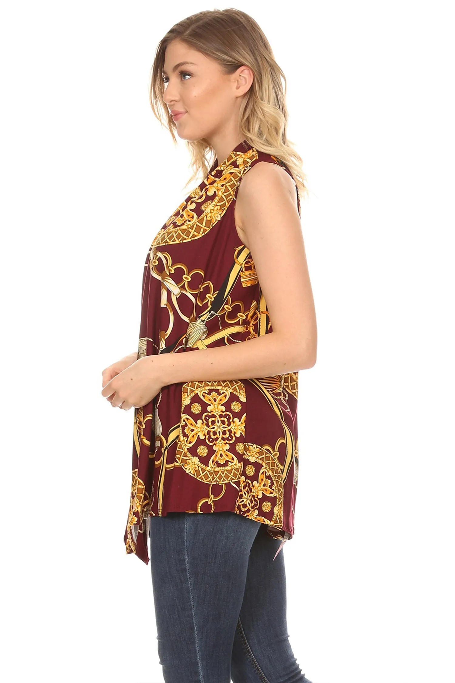 Women's Sleeveless Basic Pattern Print Open Front Draped Neck Sweater Outerwear Vest