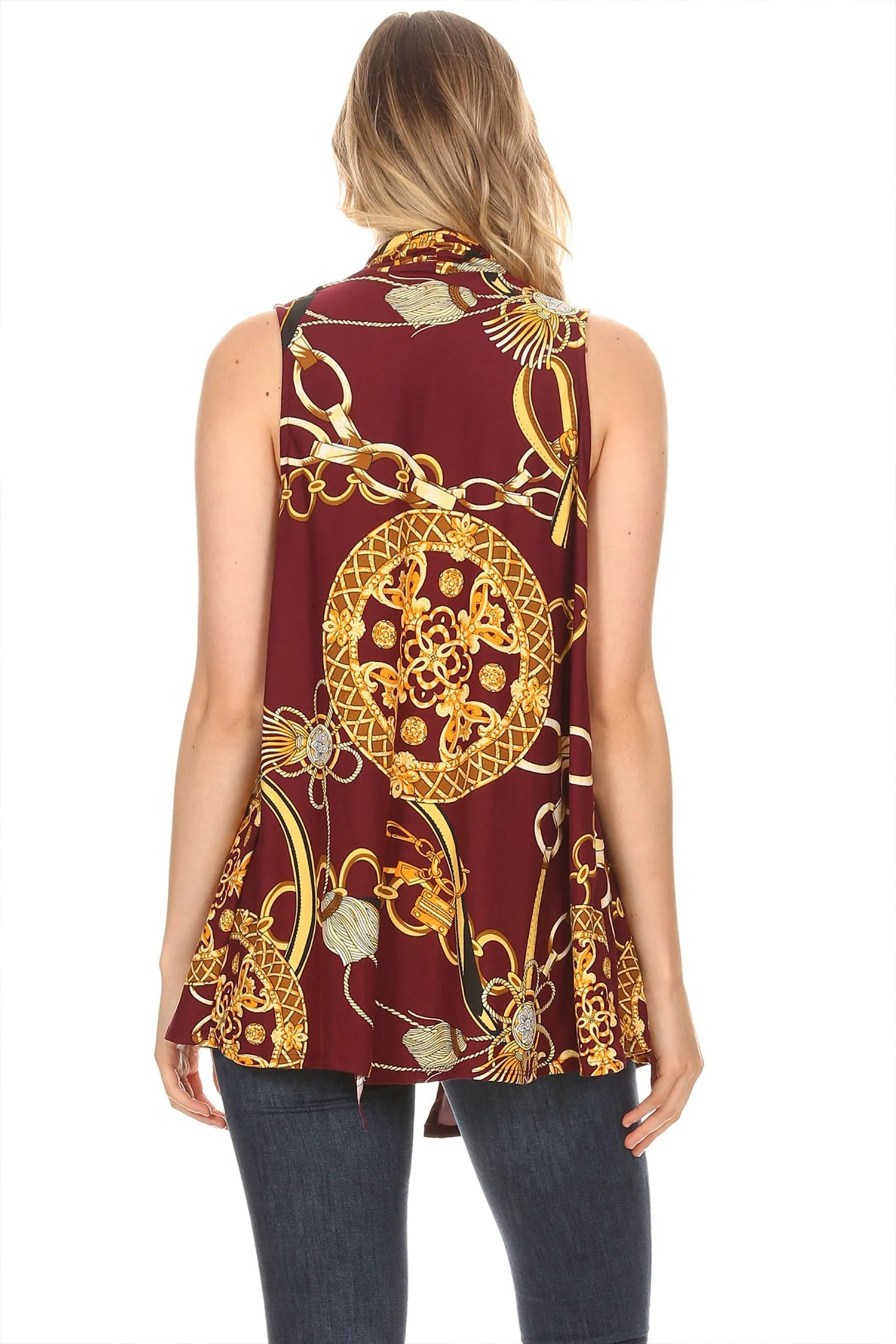 Women's Sleeveless Basic Pattern Print Open Front Draped Neck Sweater Outerwear Vest