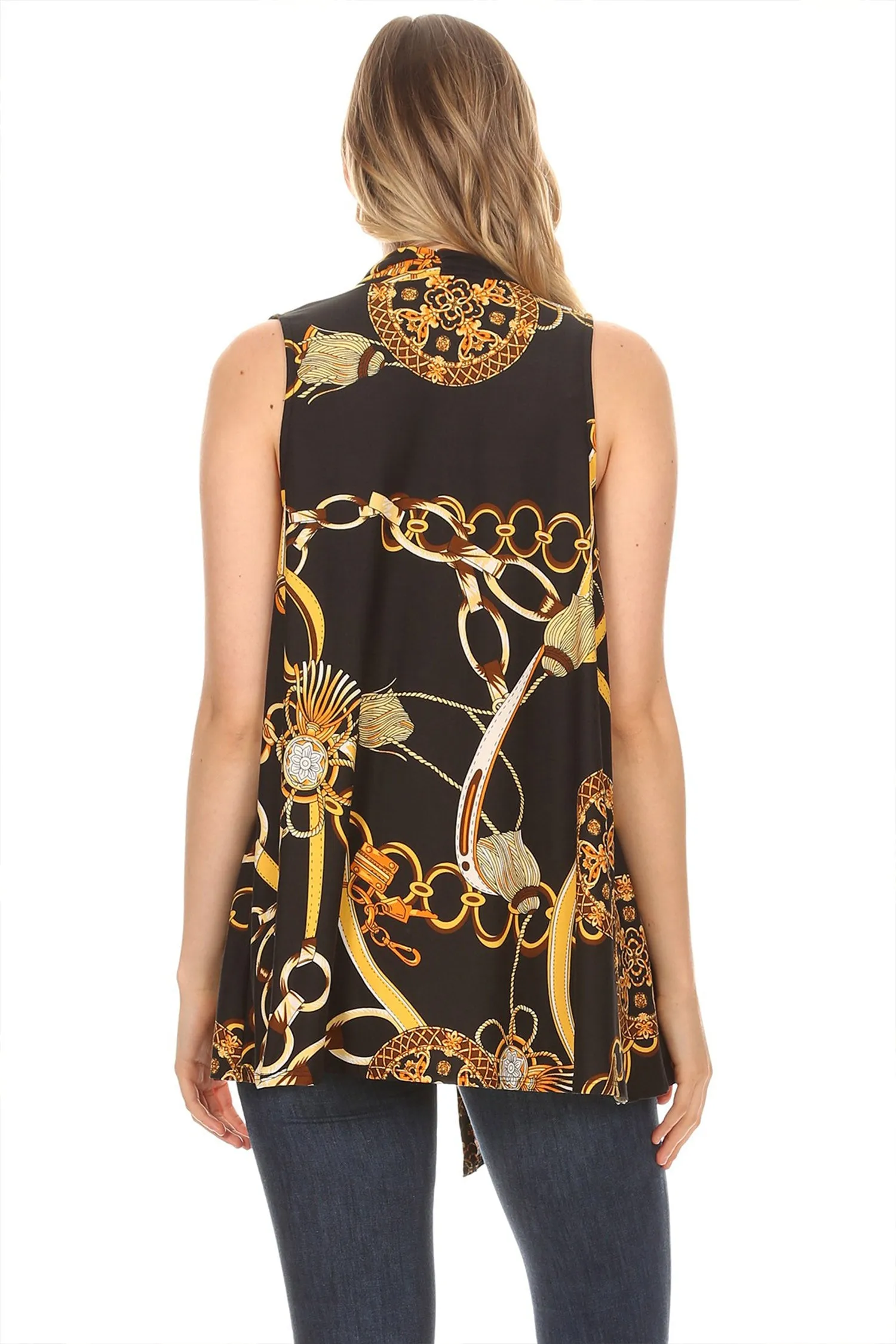 Women's Sleeveless Basic Pattern Print Open Front Draped Neck Sweater Outerwear Vest