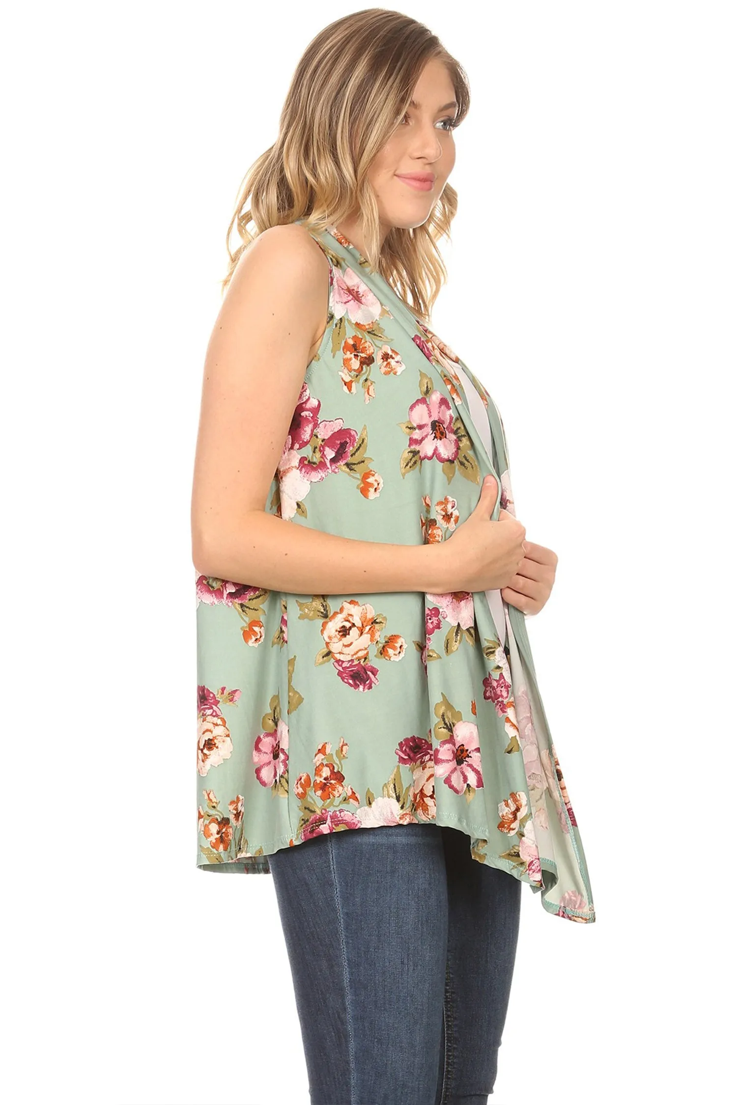 Women's Sleeveless Basic Pattern Print Open Front Draped Neck Sweater Outerwear Vest