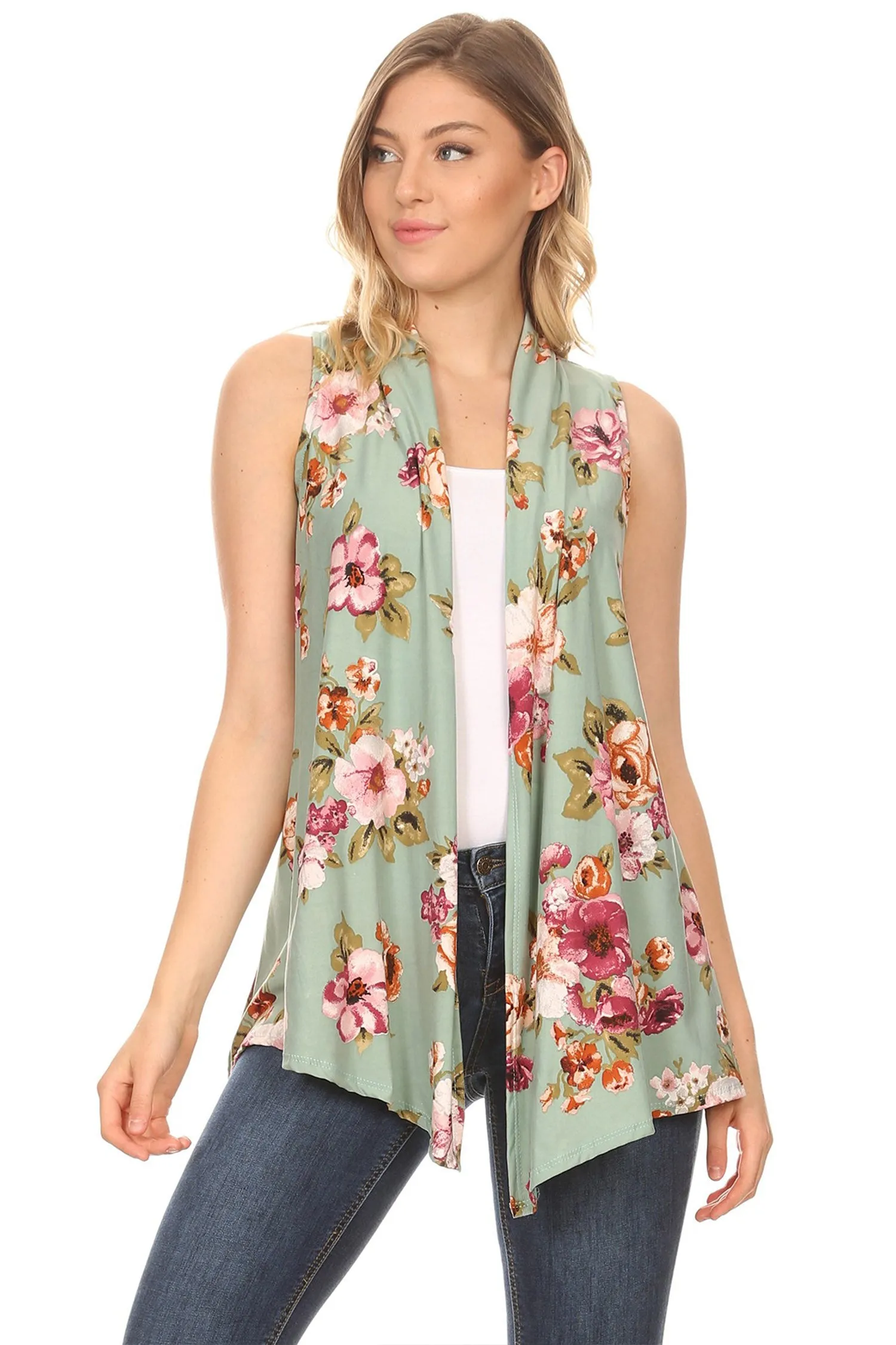 Women's Sleeveless Basic Pattern Print Open Front Draped Neck Sweater Outerwear Vest