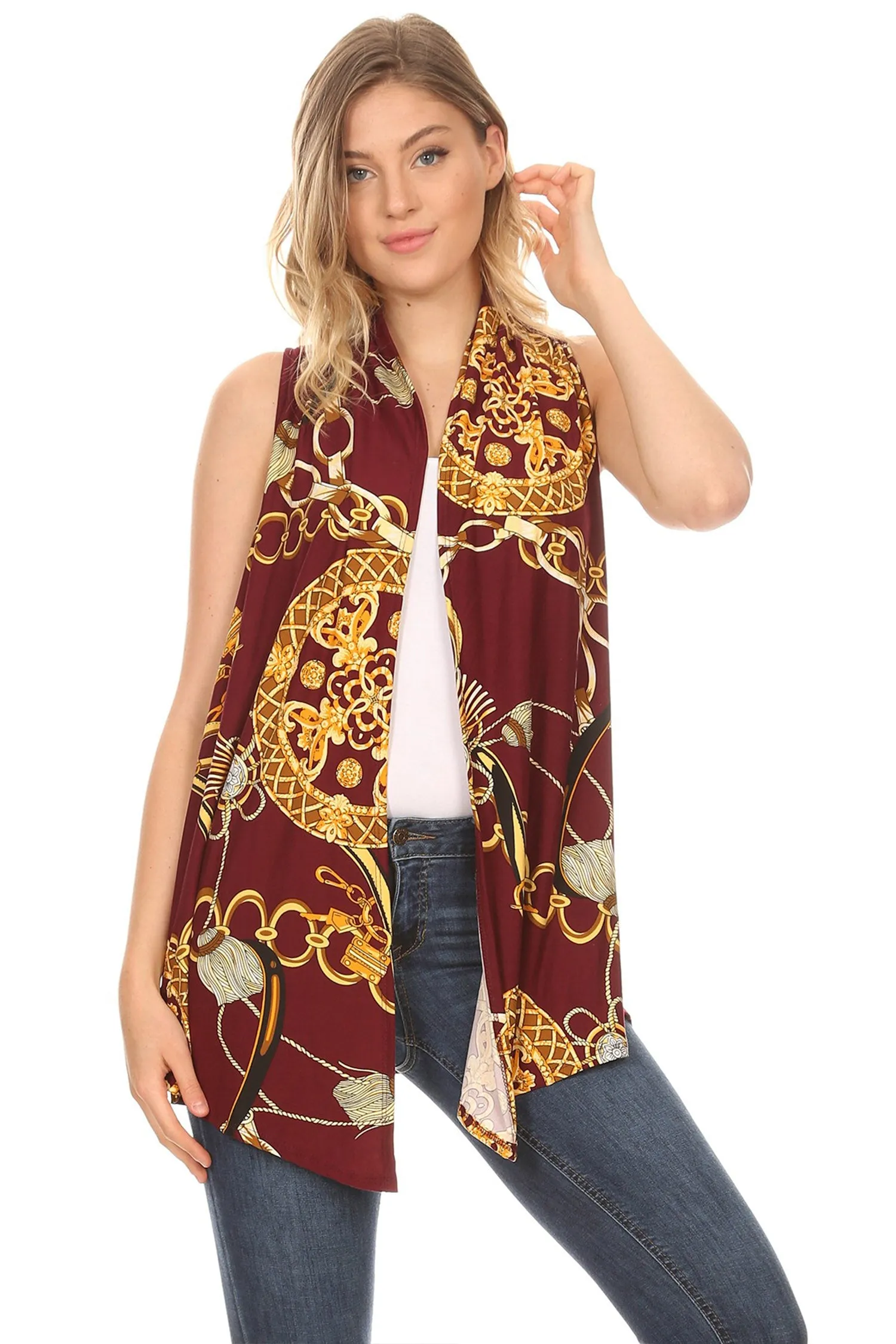 Women's Sleeveless Basic Pattern Print Open Front Draped Neck Sweater Outerwear Vest