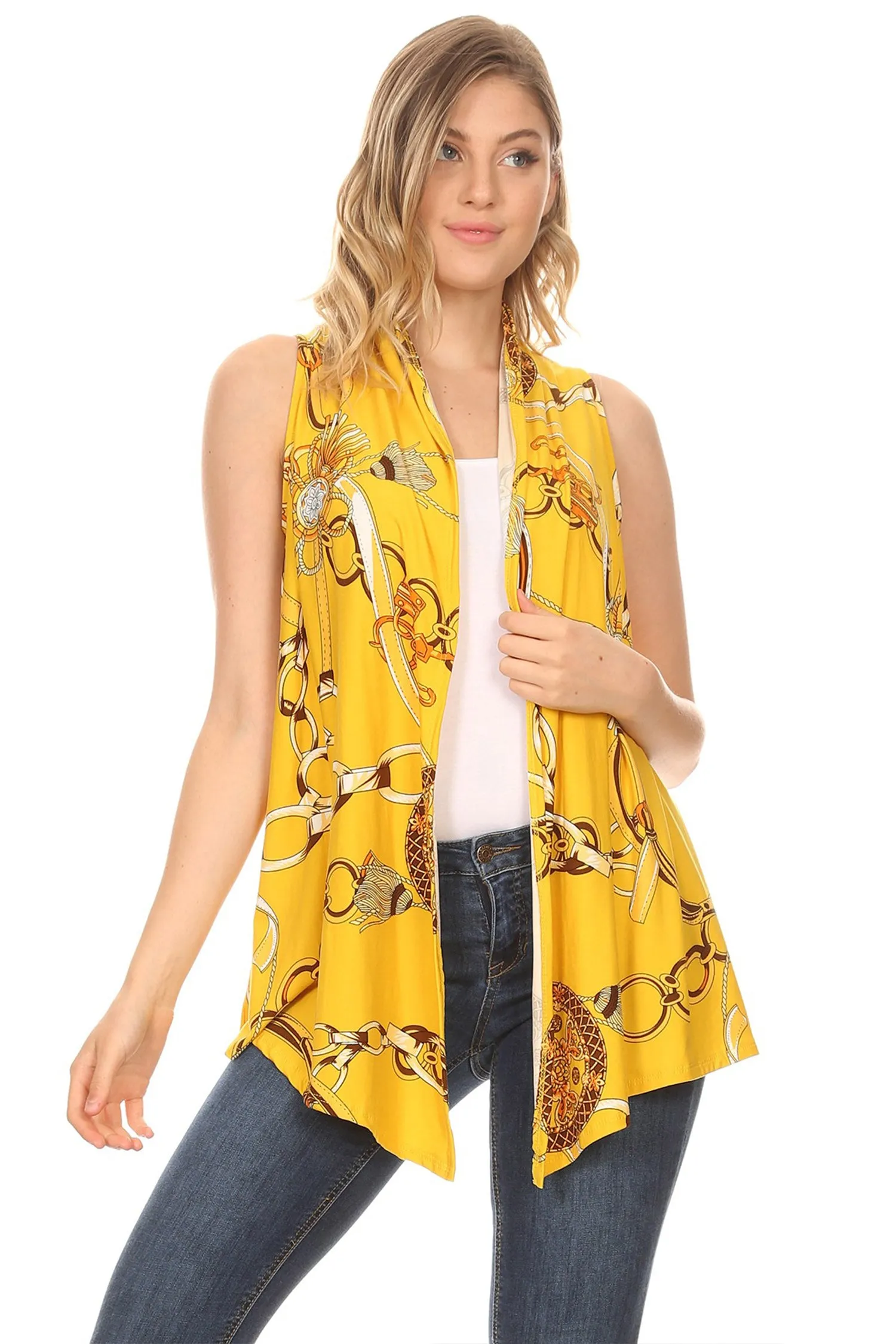 Women's Sleeveless Basic Pattern Print Open Front Draped Neck Sweater Outerwear Vest