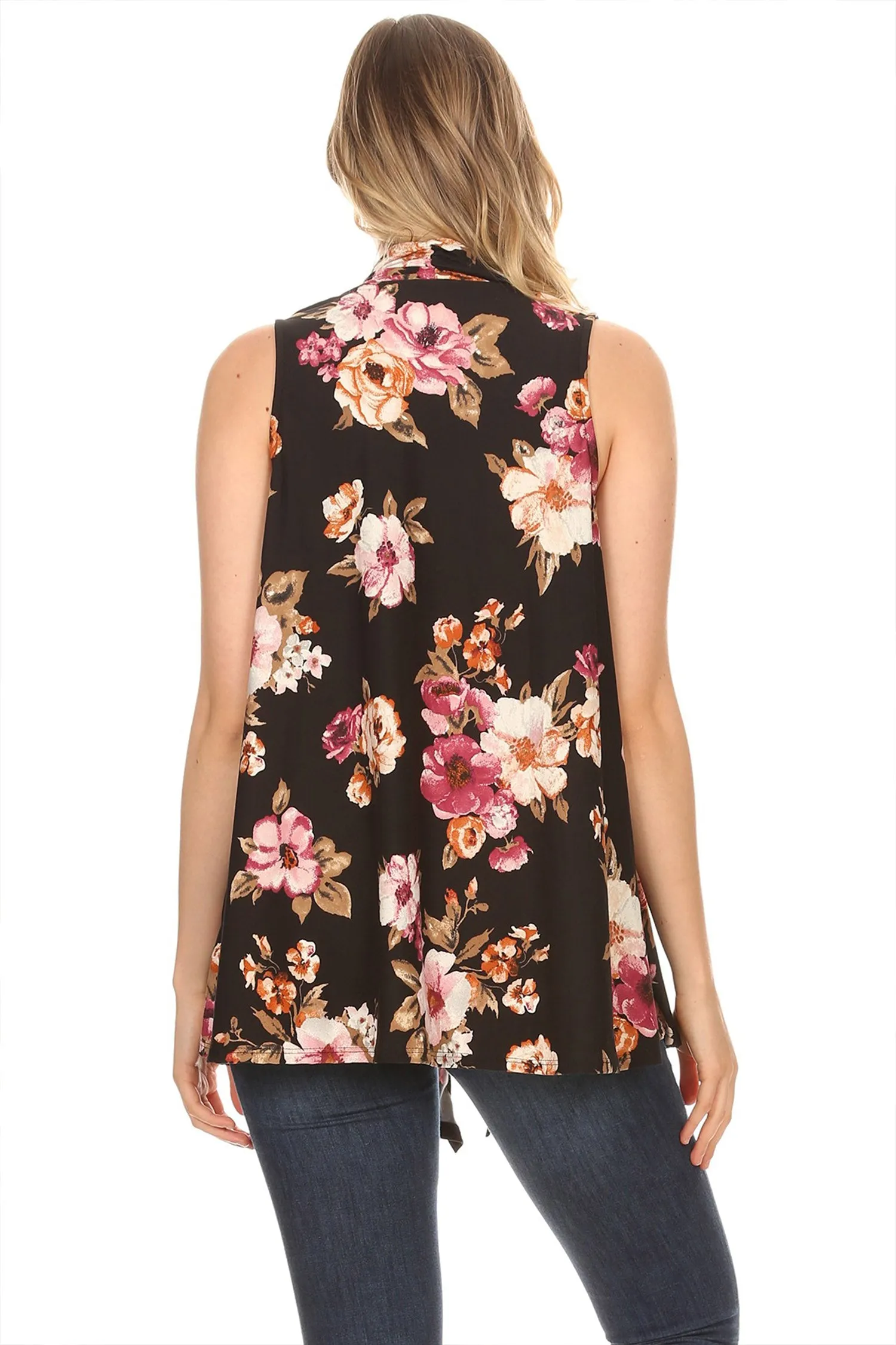 Women's Sleeveless Basic Pattern Print Open Front Draped Neck Sweater Outerwear Vest