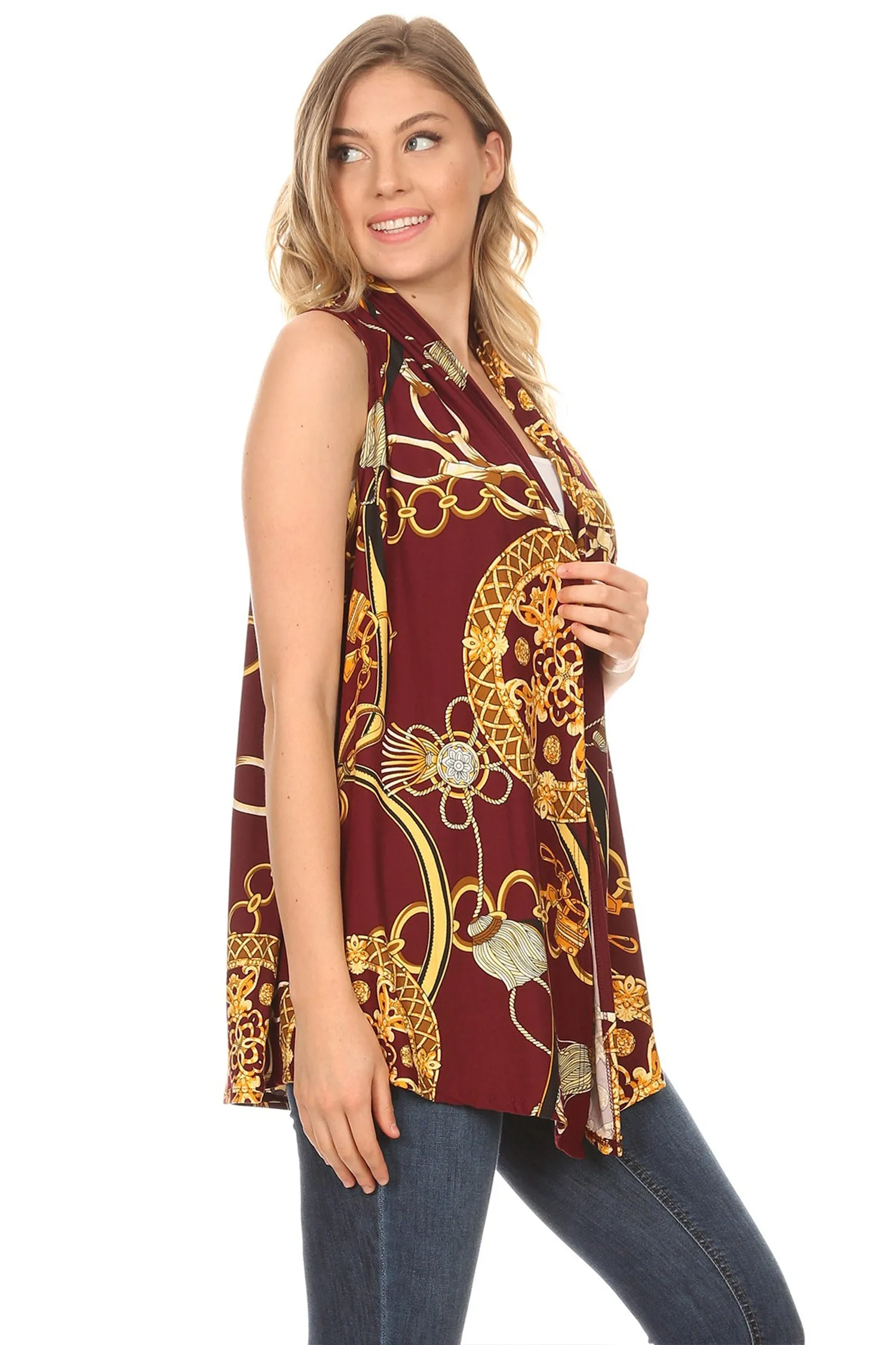 Women's Sleeveless Basic Pattern Print Open Front Draped Neck Sweater Outerwear Vest
