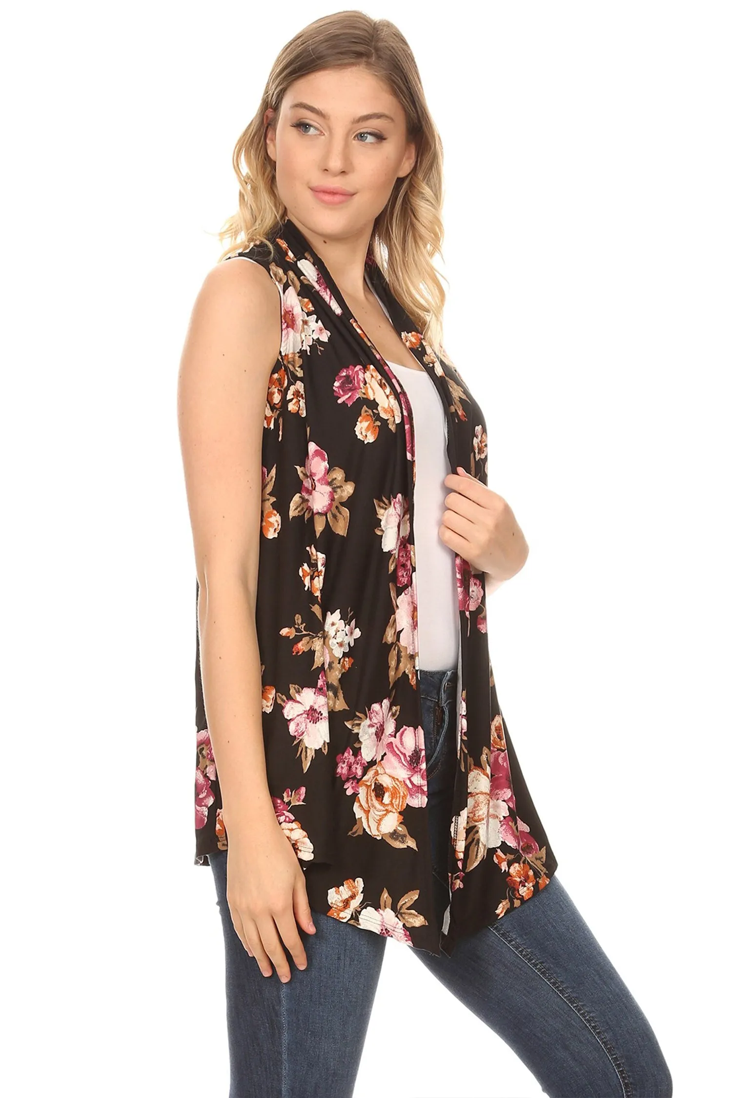 Women's Sleeveless Basic Pattern Print Open Front Draped Neck Sweater Outerwear Vest