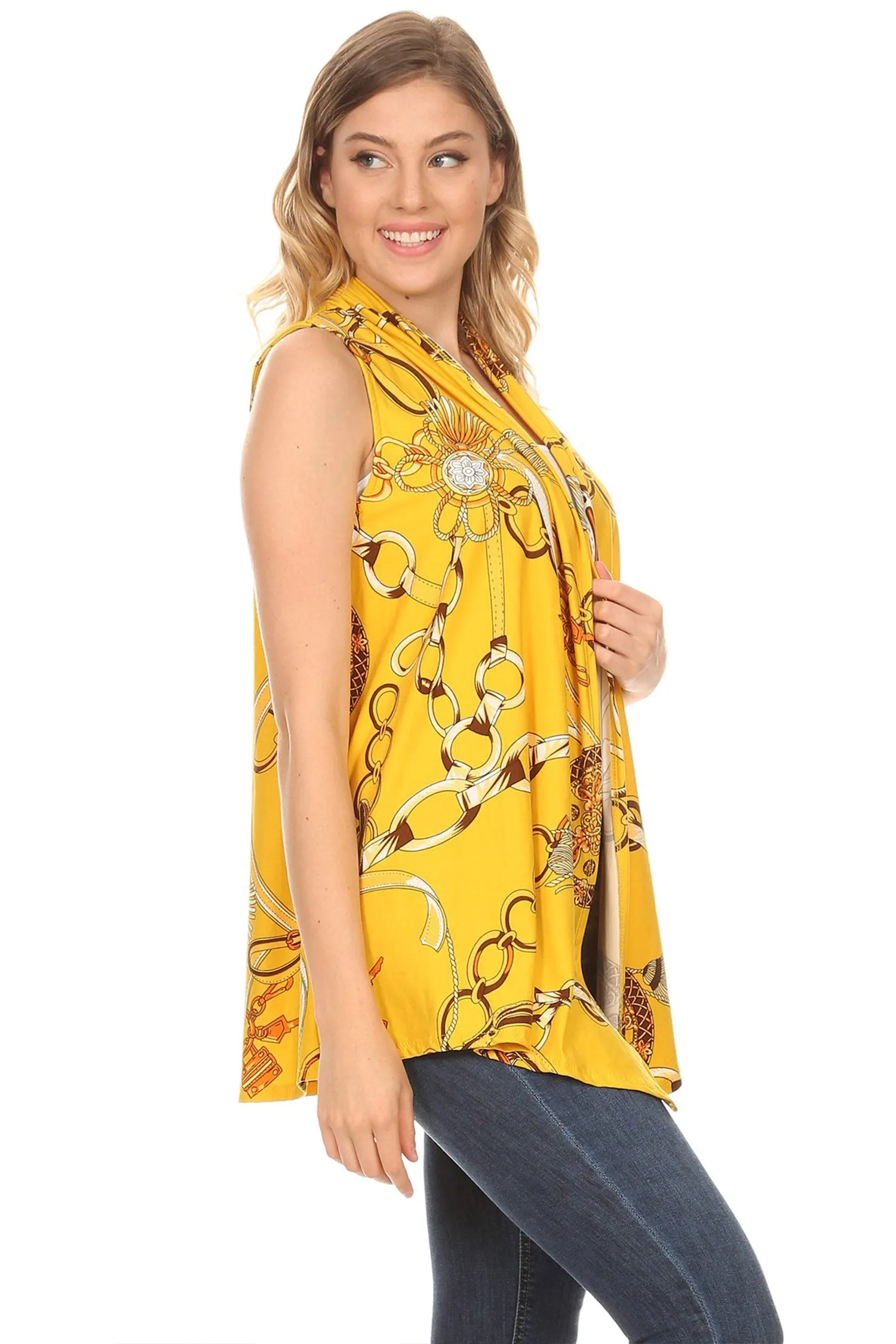 Women's Sleeveless Basic Pattern Print Open Front Draped Neck Sweater Outerwear Vest