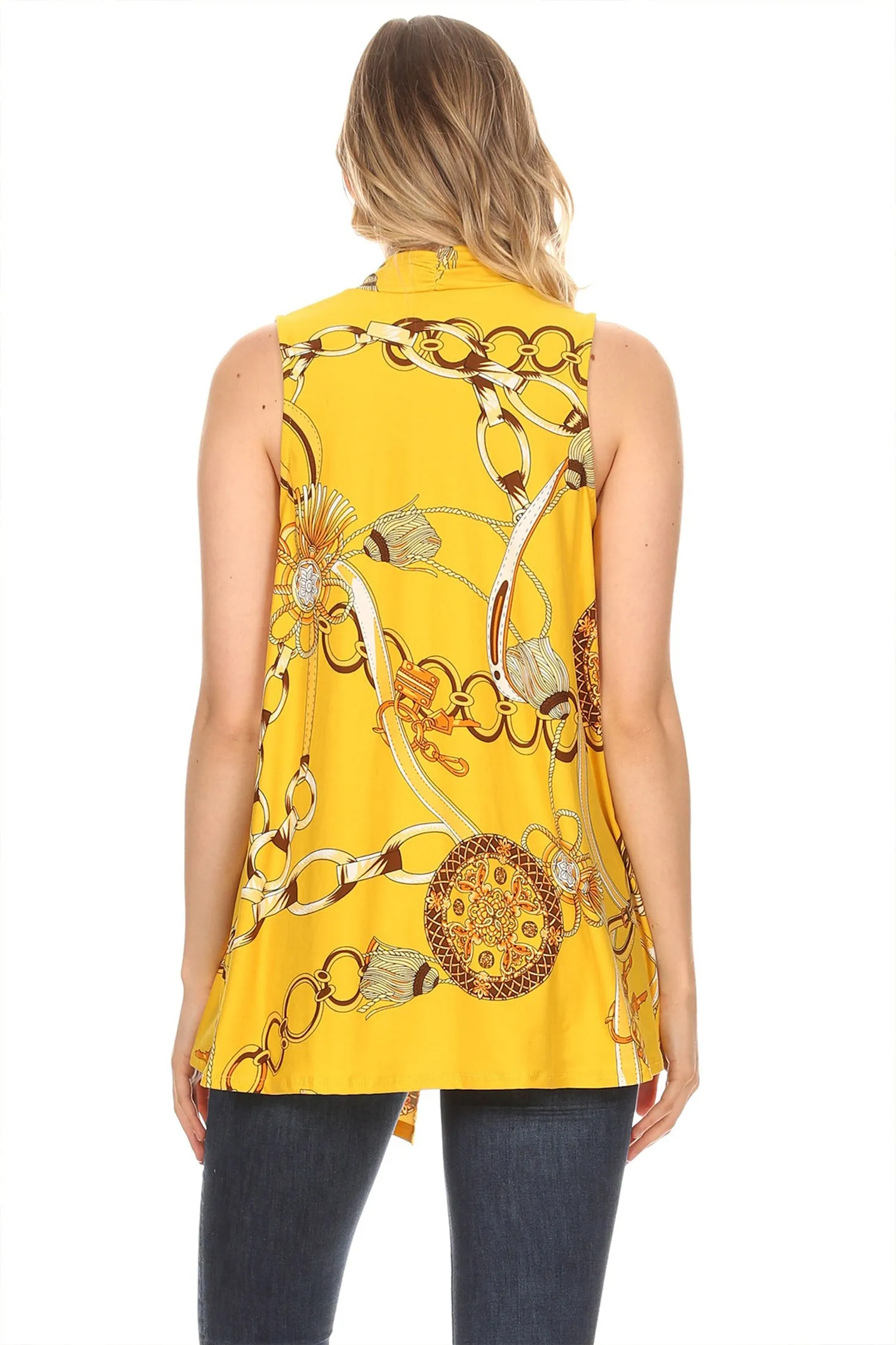 Women's Sleeveless Basic Pattern Print Open Front Draped Neck Sweater Outerwear Vest