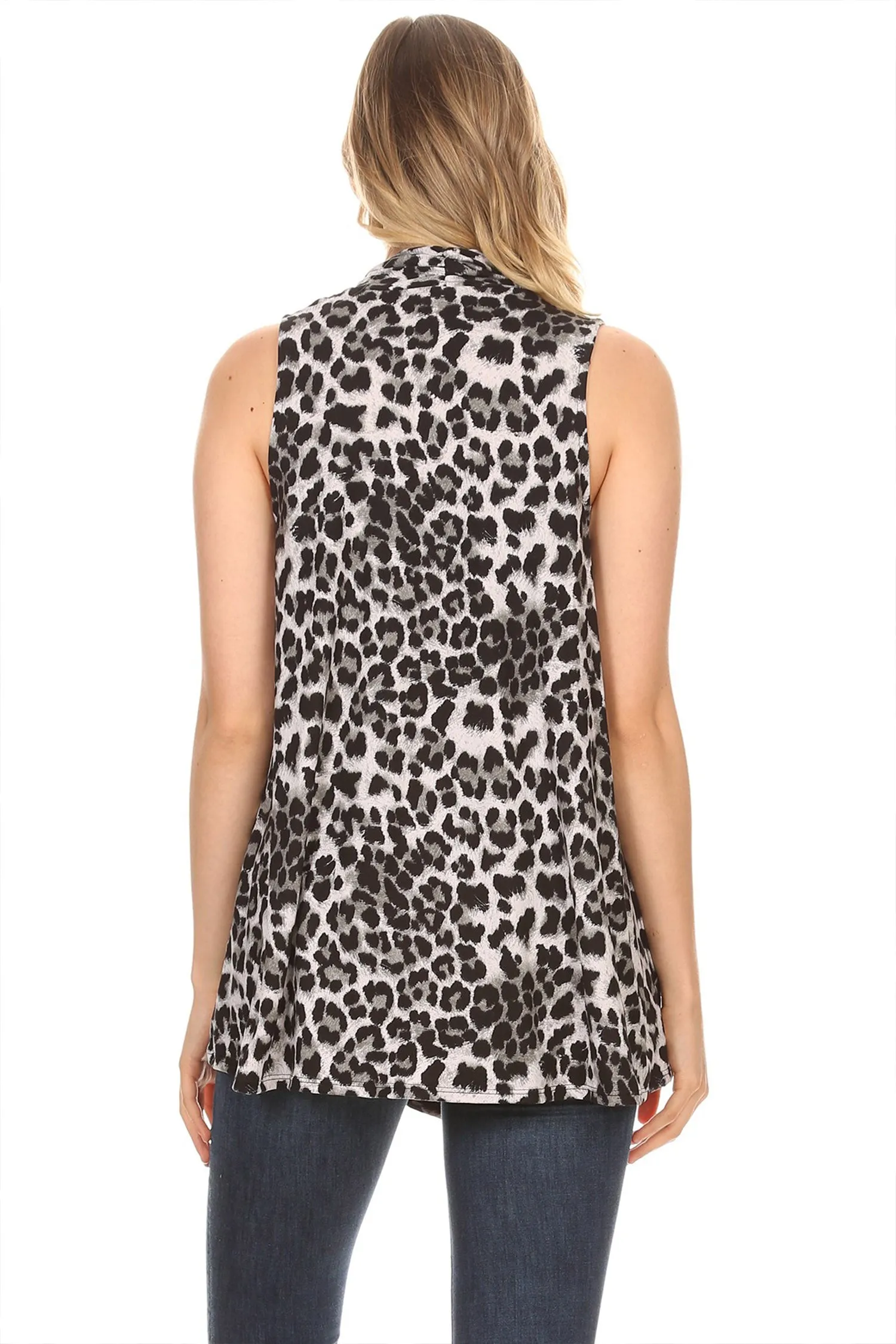 Women's Sleeveless Basic Pattern Print Open Front Draped Neck Sweater Outerwear Vest
