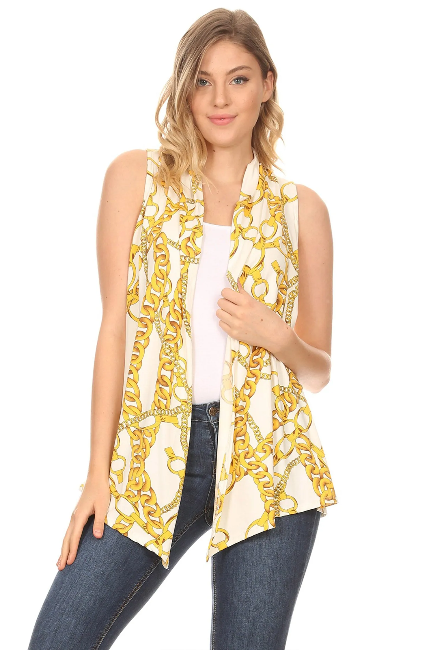 Women's Sleeveless Basic Pattern Print Open Front Draped Neck Sweater Outerwear Vest